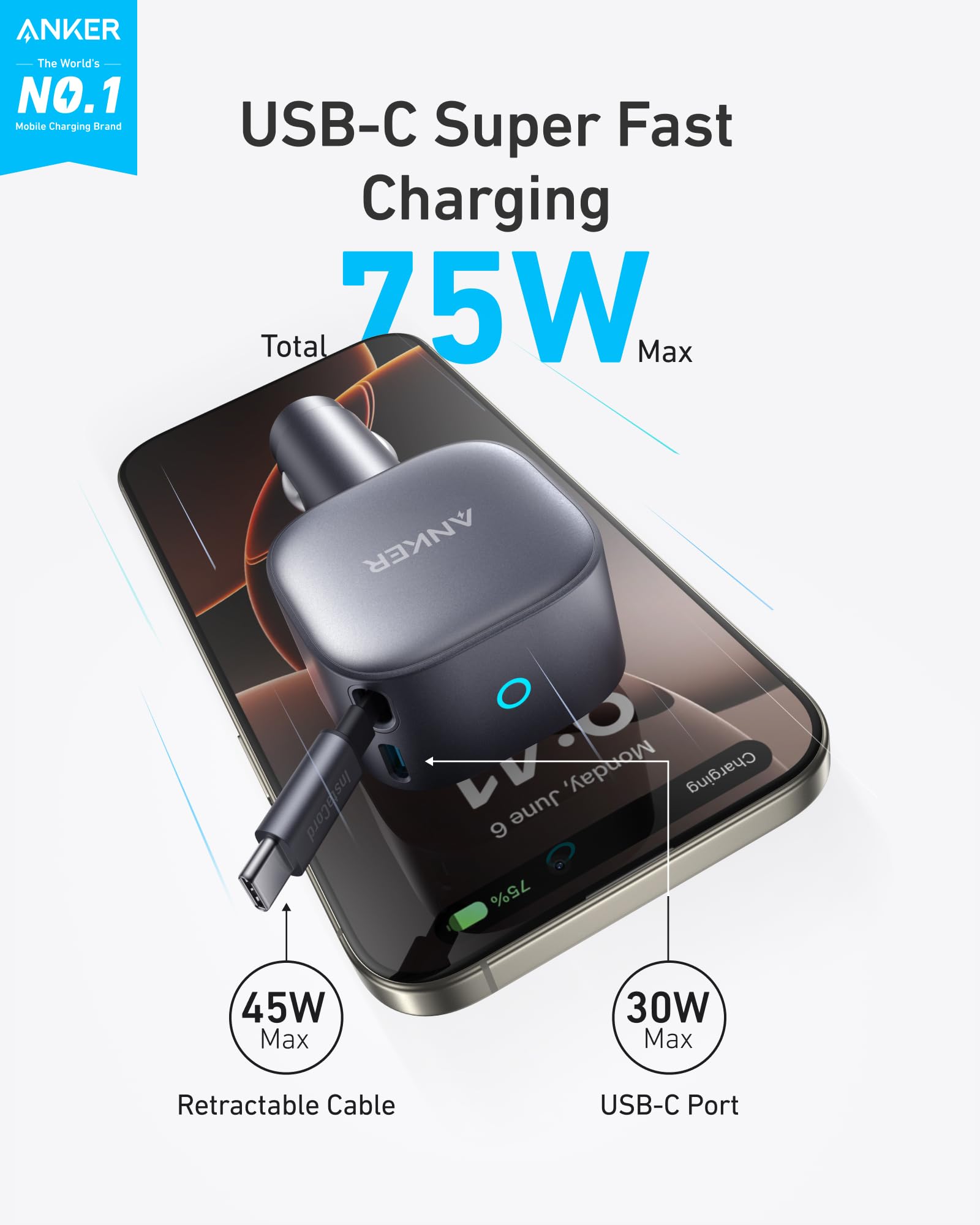 Anker Usb C Car Charger, 75W Max Ultra Compact Type C Fast Car Charger With Built In Retractable Cable, Car Adapter For Iphone 1