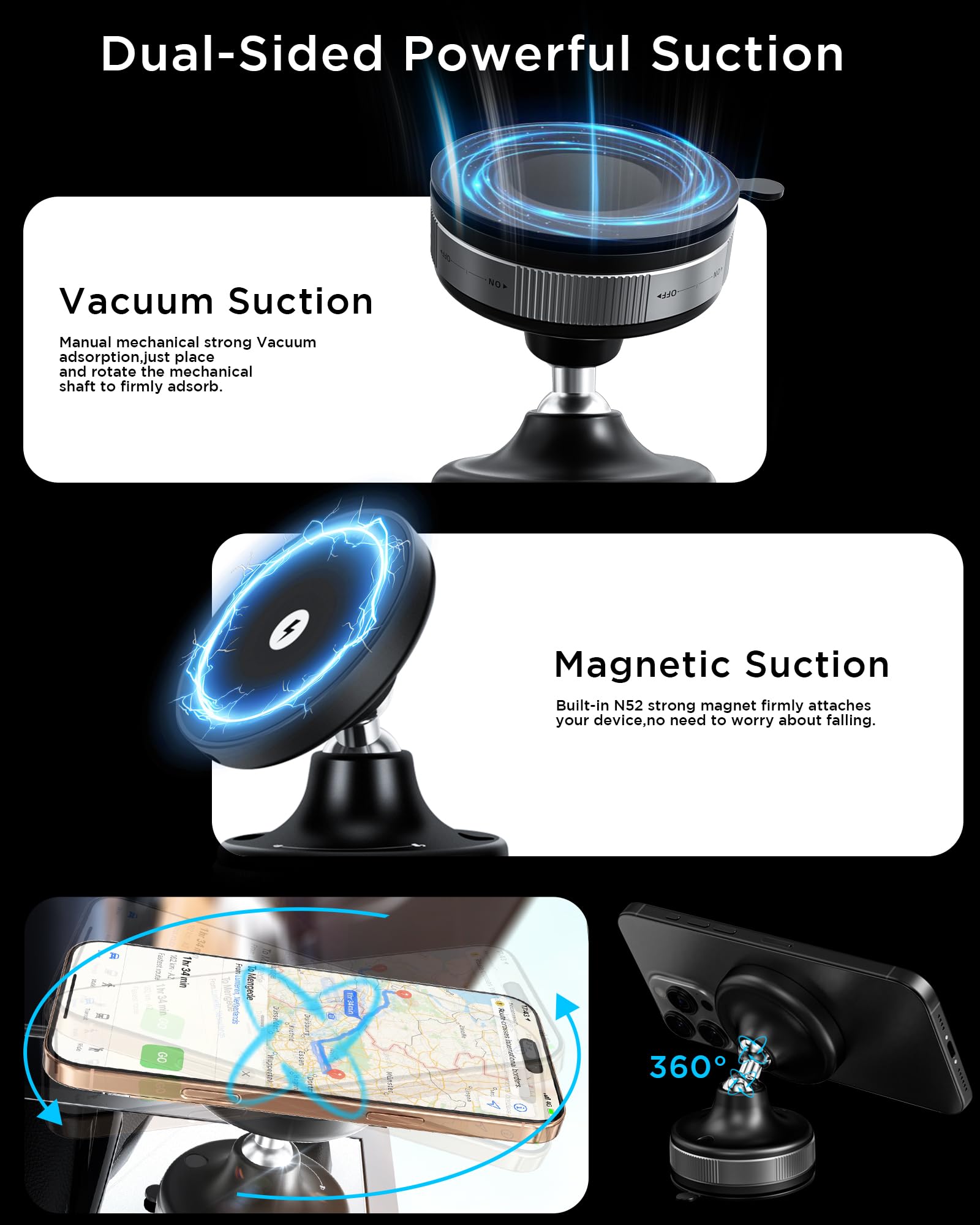 Spguard Upgraded Vacuum Magnetic Car Phone Holder,360 Rotatable 15W Wireless Charger For Car,Suction Cup Phone Mount For Mag-Saf