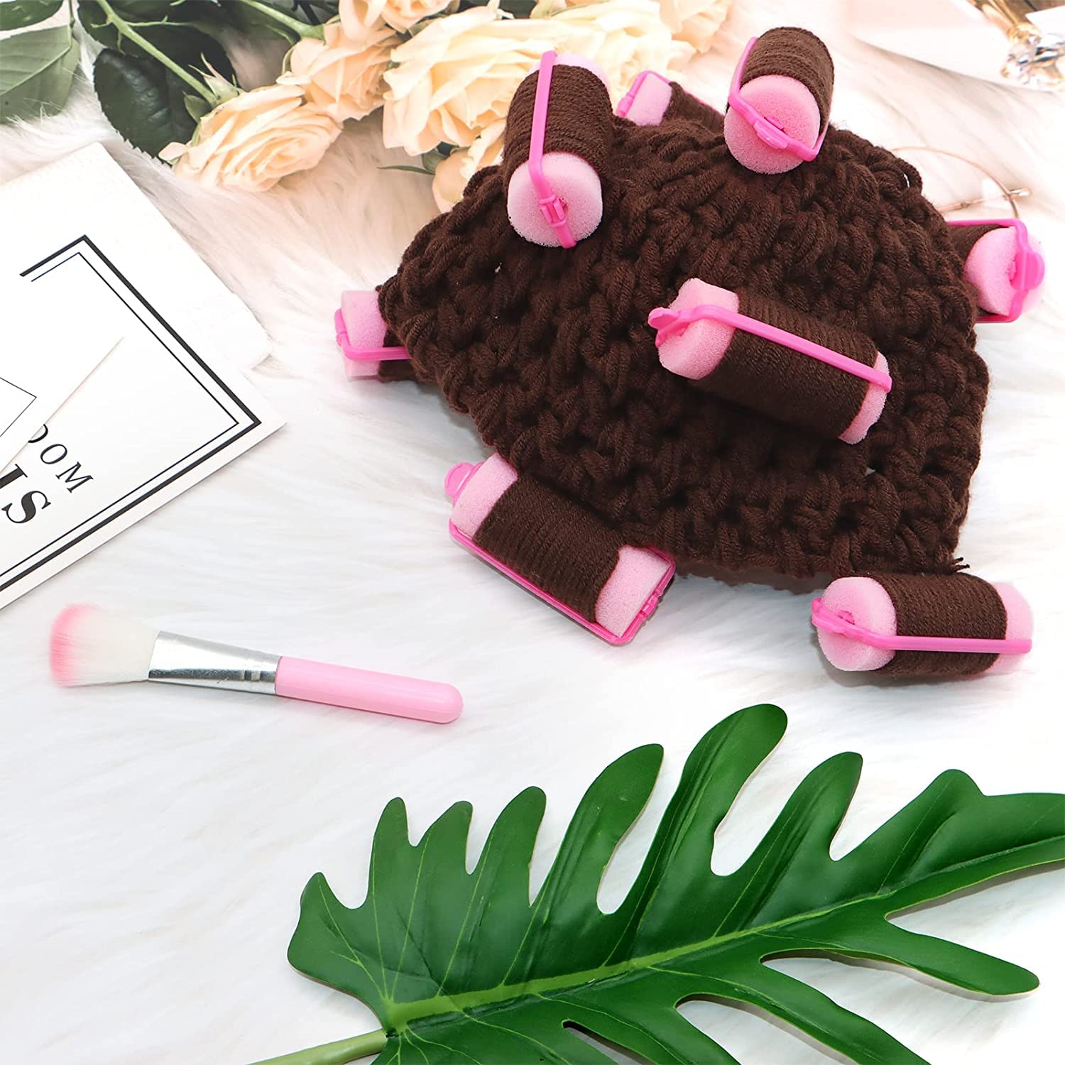 Spokki Newborn Photography Props Newborn Girl Photoshoot Outfits Crochet Baby Curler Hat With Makeup Brush For Infant Boys Girls