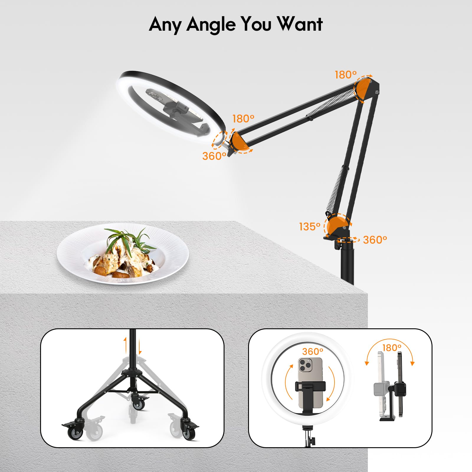 Luxsure Ring Light Tripod For Iphone, Overhead Phone/Camera Mount With Casters,Led Ring Light With Stand And Phone Holder,Phone