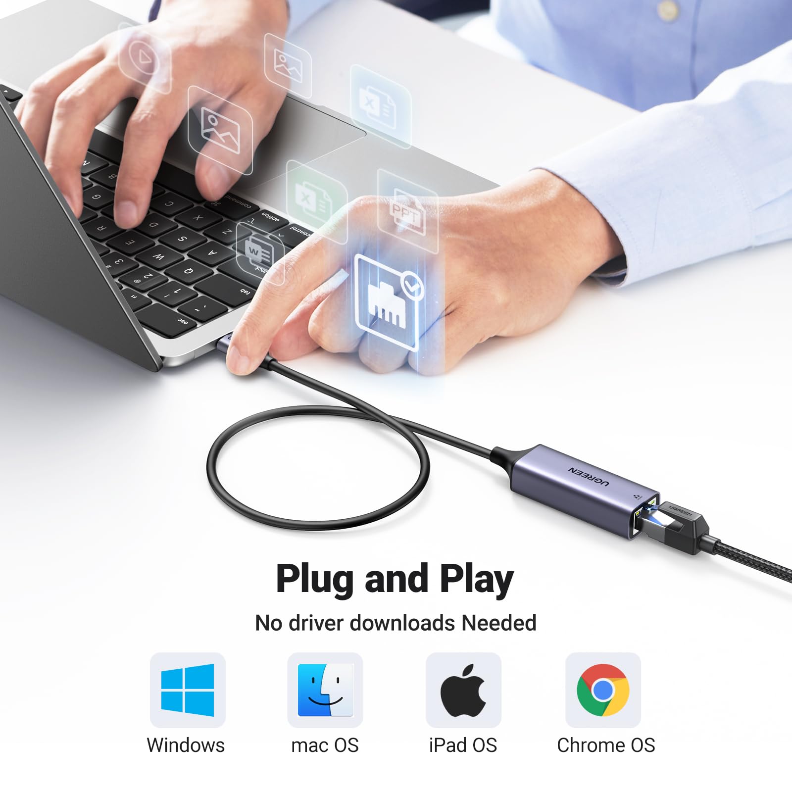 Ugreen Usb C To Ethernet Adapter, 1.6Ft Gigabit Rj45 To Usb 3.0 Type C (Thunderbolt 3) Ethernet Lan Network Adapter, Compatible
