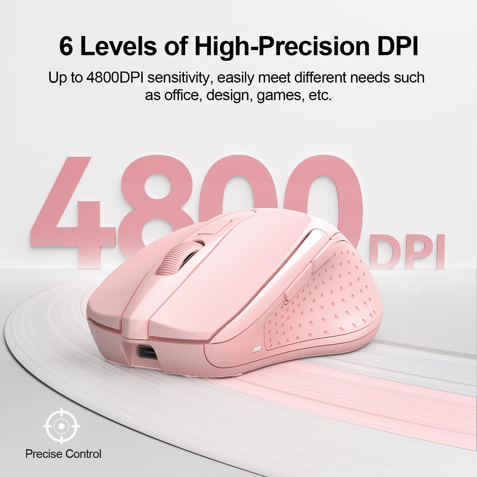 TECKNET Wireless Mouse - Rechargeable 4800 DPI, Silent 6-Button, Bluetooth 5.0/3.0 & 2.4G, USB A - Pink