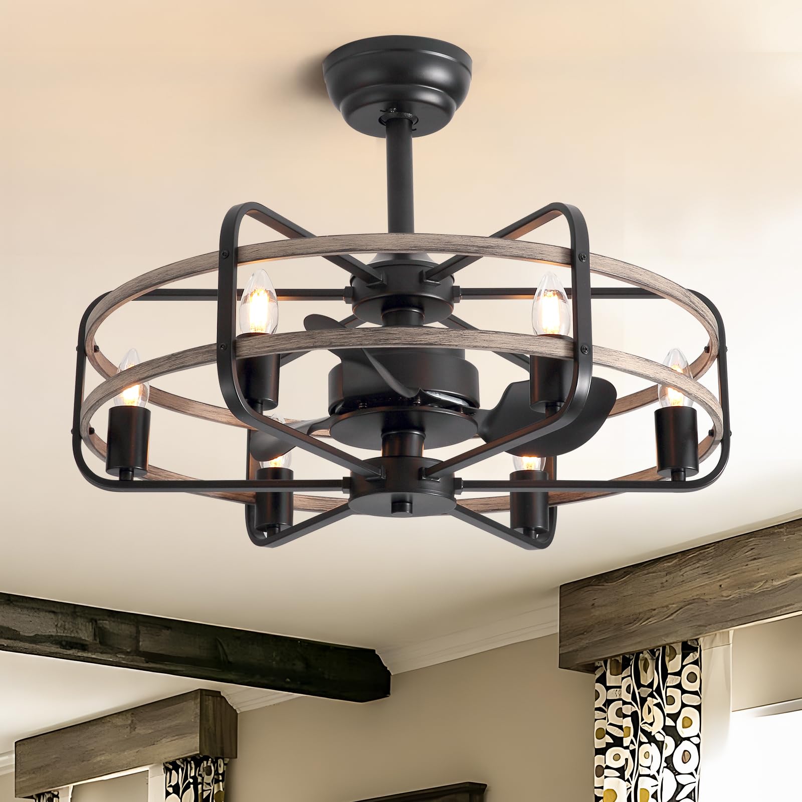 Industrial Caged Ceiling Fan with Lights, 25 Farmhouse Fandelier with Remote Control, 6-Speed Quiet Reversible Motor, E26 Base, 