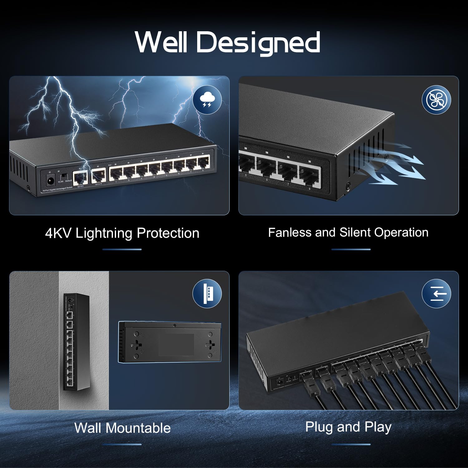 Binardat 10 Port Gigabit Ethernet Switch, 8 Ports 100/1000Mbps, 2 Gigabit Uplink, Support Vlan, Metal Case Unmanaged Plug And Pl