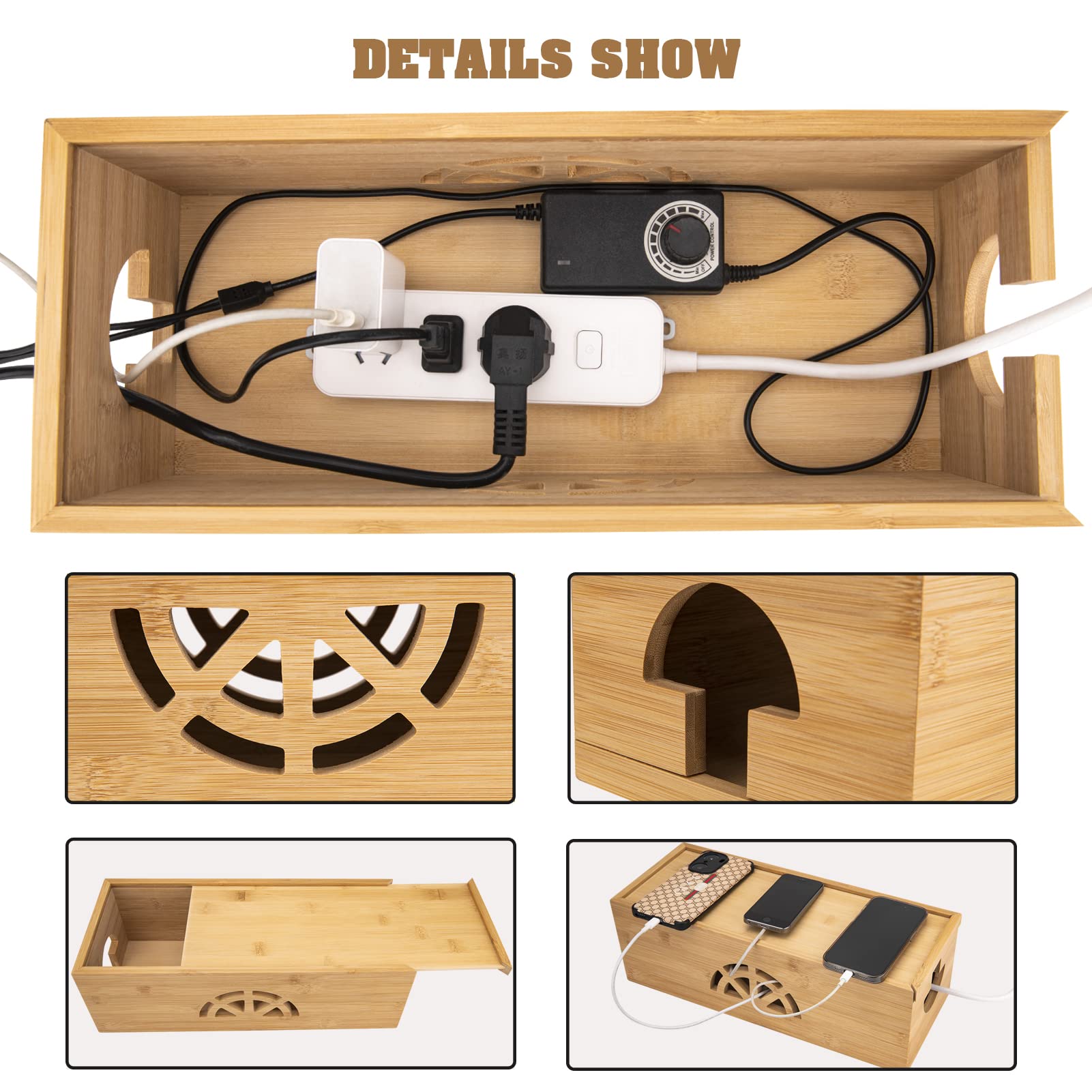 Cable Management Box,Bamboo Cable Management Box,Cord Management Box For Desk, Behind Tv, Home Hall, Computer Power