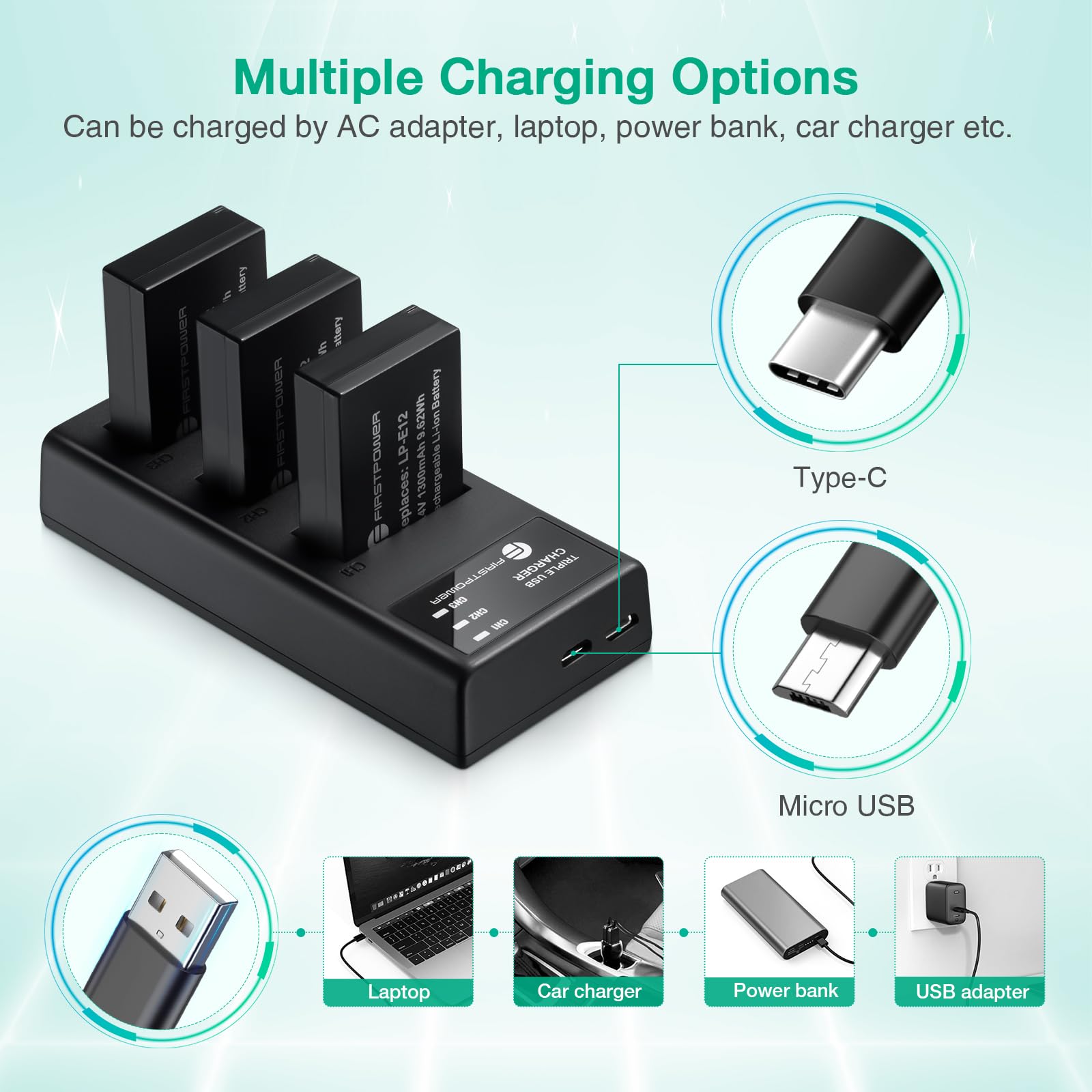 Firstpower Lp E12 Battery 3 Pack And Triple Slot Charger For Canon Eos M50, M50 Mark Ii, M, M2, M10, M100, M200, Rebel Sl1, Powe