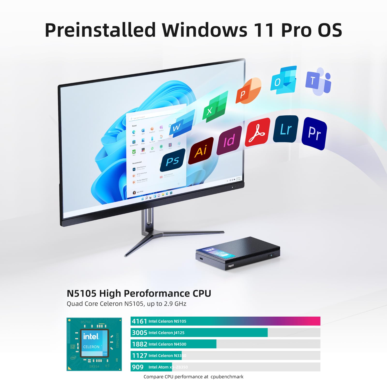 Mele Quieter3Q Fanless Mini Pc Windows 11 Pro Celeron N5105 Small Desktop Computer 8G Lpddr4 128G Rom Micro Form Factor Pc Suppo