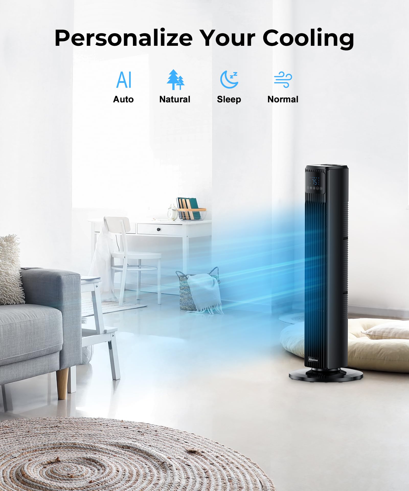 Abolee Tower Fan For Bedroom, Quiet Floor Fan With Remote, 90 Oscillating Fans With 4 Speeds, 4 Modes, 27Ft/S Velocity, 12H Time