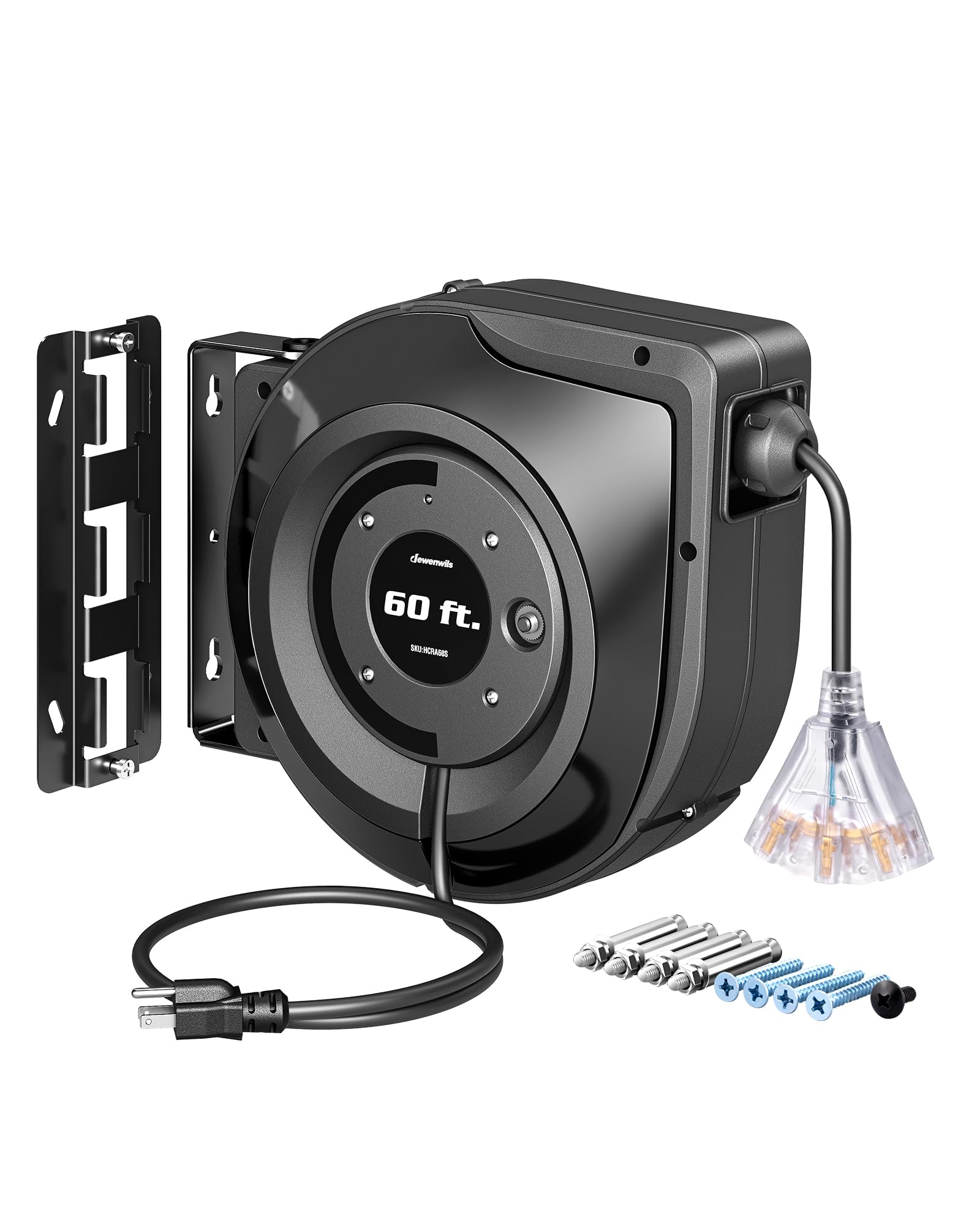 Dewenwils Retractable Extension Cord Reel, 60Ft Retractable Cord Reel, 12Awg/3C Sjtow, Lighted Triple Tap Outlets, 15A Circuit B