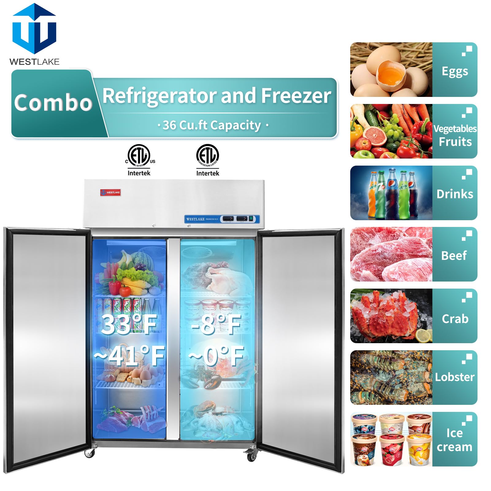 Westlake Commercial Refrigerator And Freezer Combo 48 '' W 2 Door 2 Section Stainless Steel Reach In Solid Door Fan Cooling 36 C
