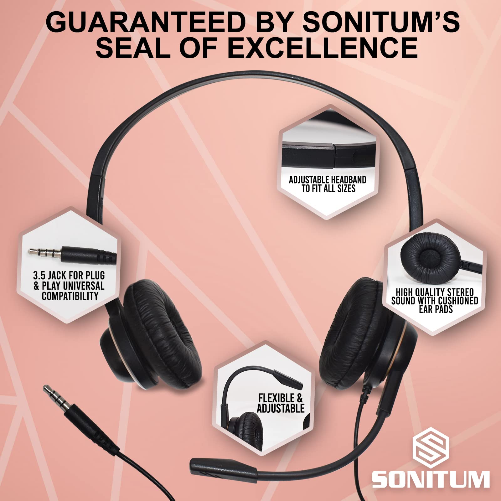 Sonitum Bulk Headsets With Microphone (10 Pack)   Noise Canceling Computer Headset For Office, Meetings, Chat  Comfortable Over