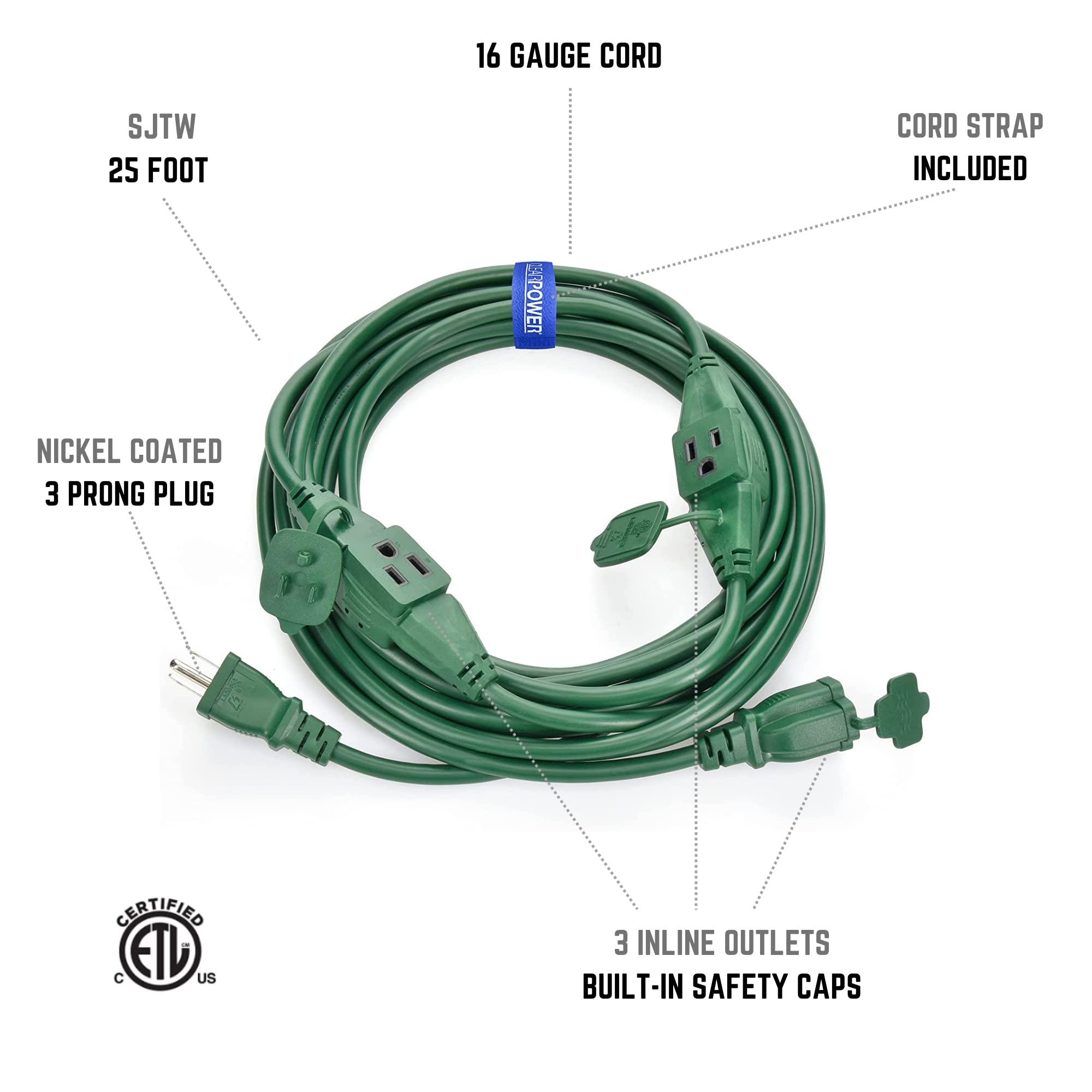 Clear Power 25Ft 16/3 Sjtw Green Landscape Extension Cord W/3 Inline Outlets & Outlet Covers, For Christmas Lights And Holiday D