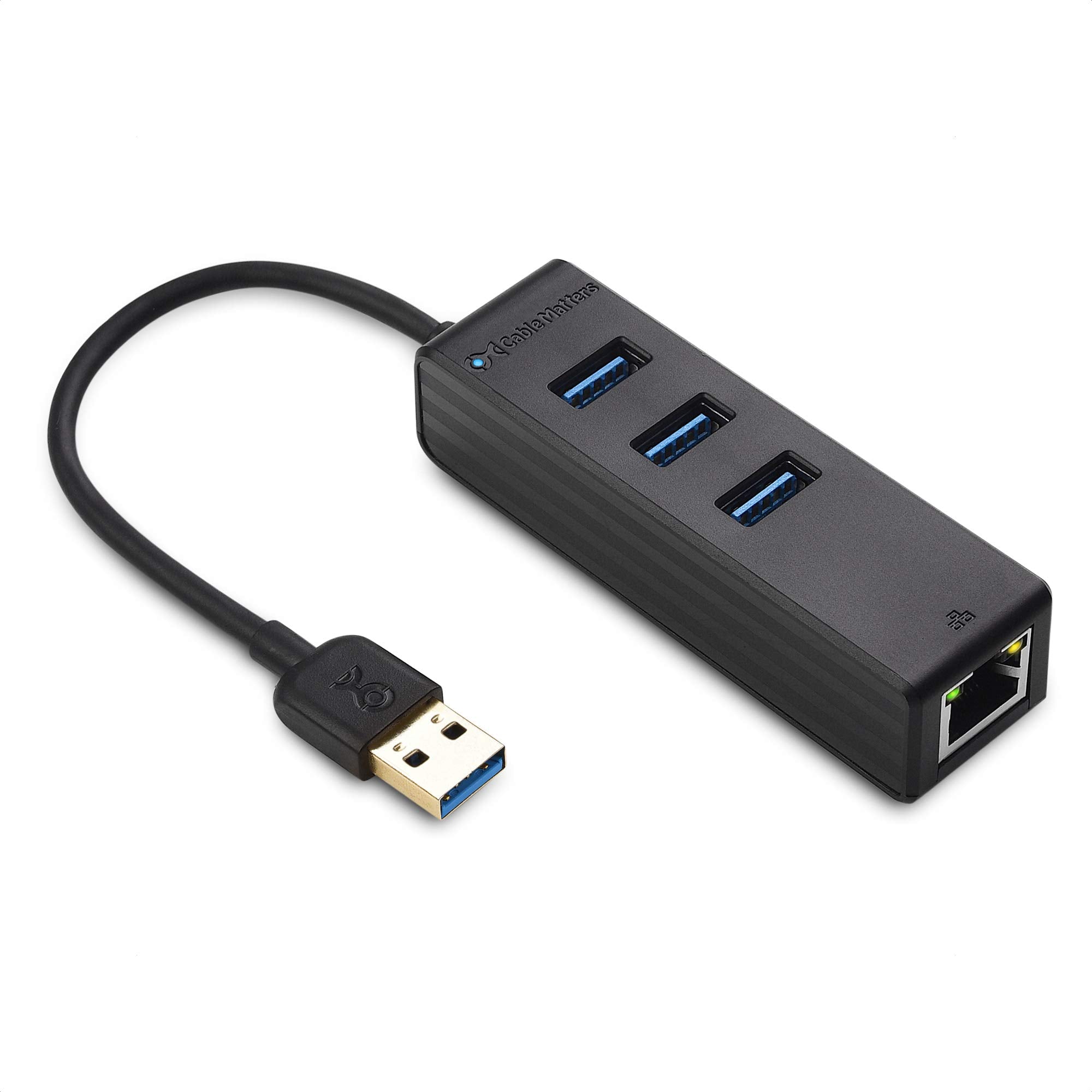 Cable Matters 4 in 1 USB Hub with Ethernet, Support Gigabit Ethernet (USB 3.0 Hub Ethernet, USB to Ethernet Adapter, Gigabit Ethernet USB Hub, USB Ethernet Hub) with 10/100/1000Mbps Network in Black