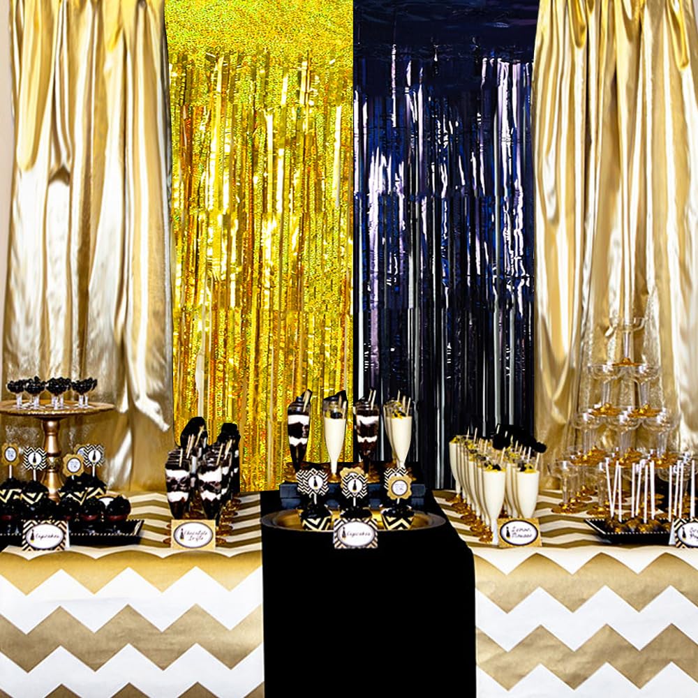 Beishida 4 Pcs Black And Gold Party Streamers Fringe Foil Curtain Backdrop Tinsel Background Party Decoration For Door Wall Grad