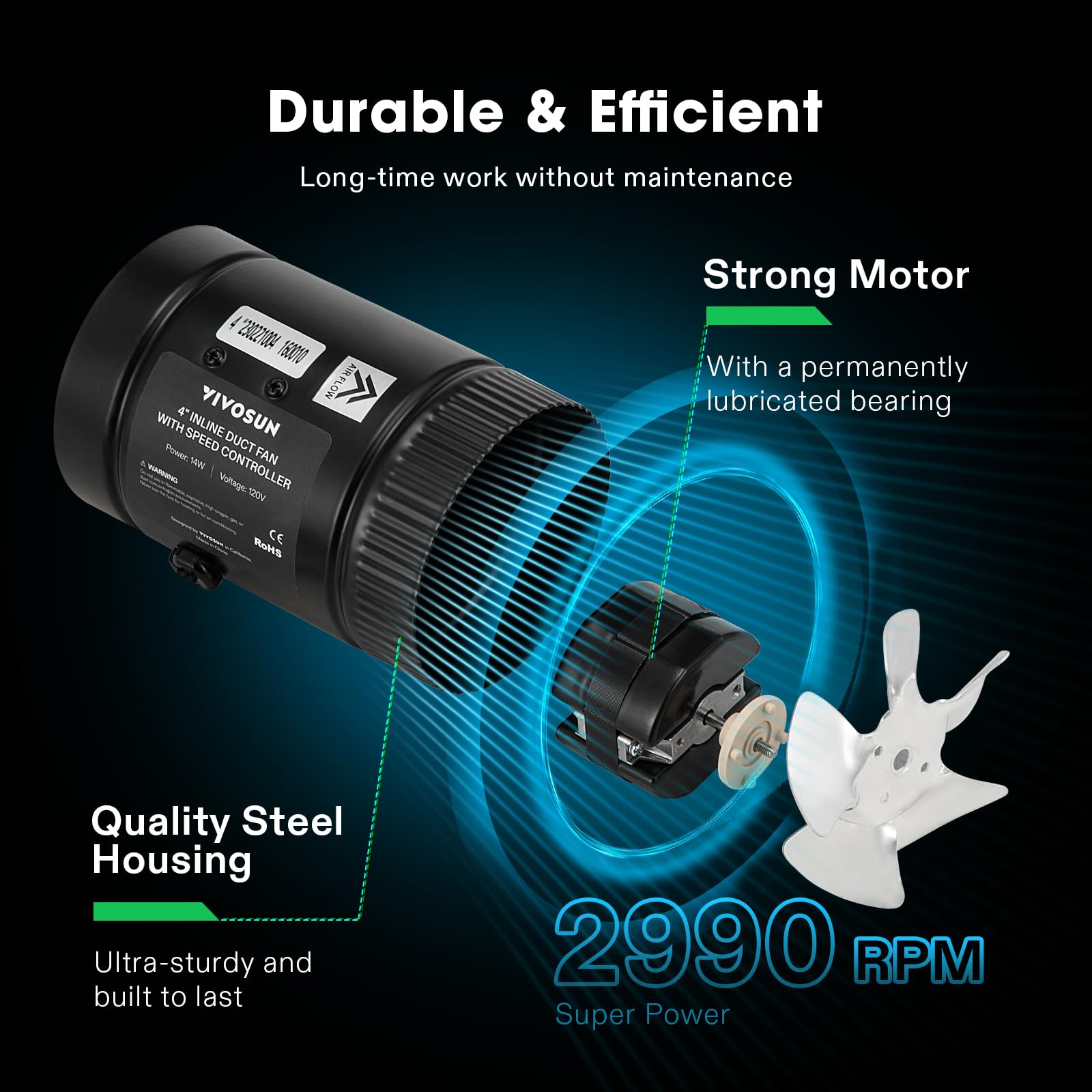 Vivosun Inline Booster Duct Fan 4106 Cfm With Speed Controller, Hvac Exhaust Ventilation Fan With Low Noise For Basements, Bathr