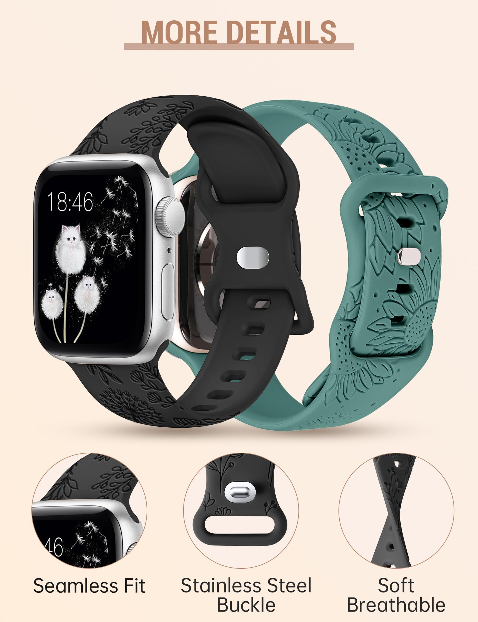Minyee 2 Packs Floral Engraved Band Compatible With Apple Watch Bands 38Mm 40Mm 41Mm 44Mm 45Mm 42Mm 49Mm Women, Cute Silicone Su