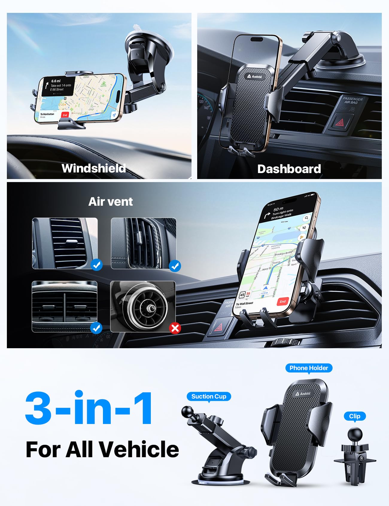 Andobil [2025 Military-Grade Durability] Car Phone Holder [Upgraded Strongest Suction & Clip] Cell Phone Car Mount Dashboard Win