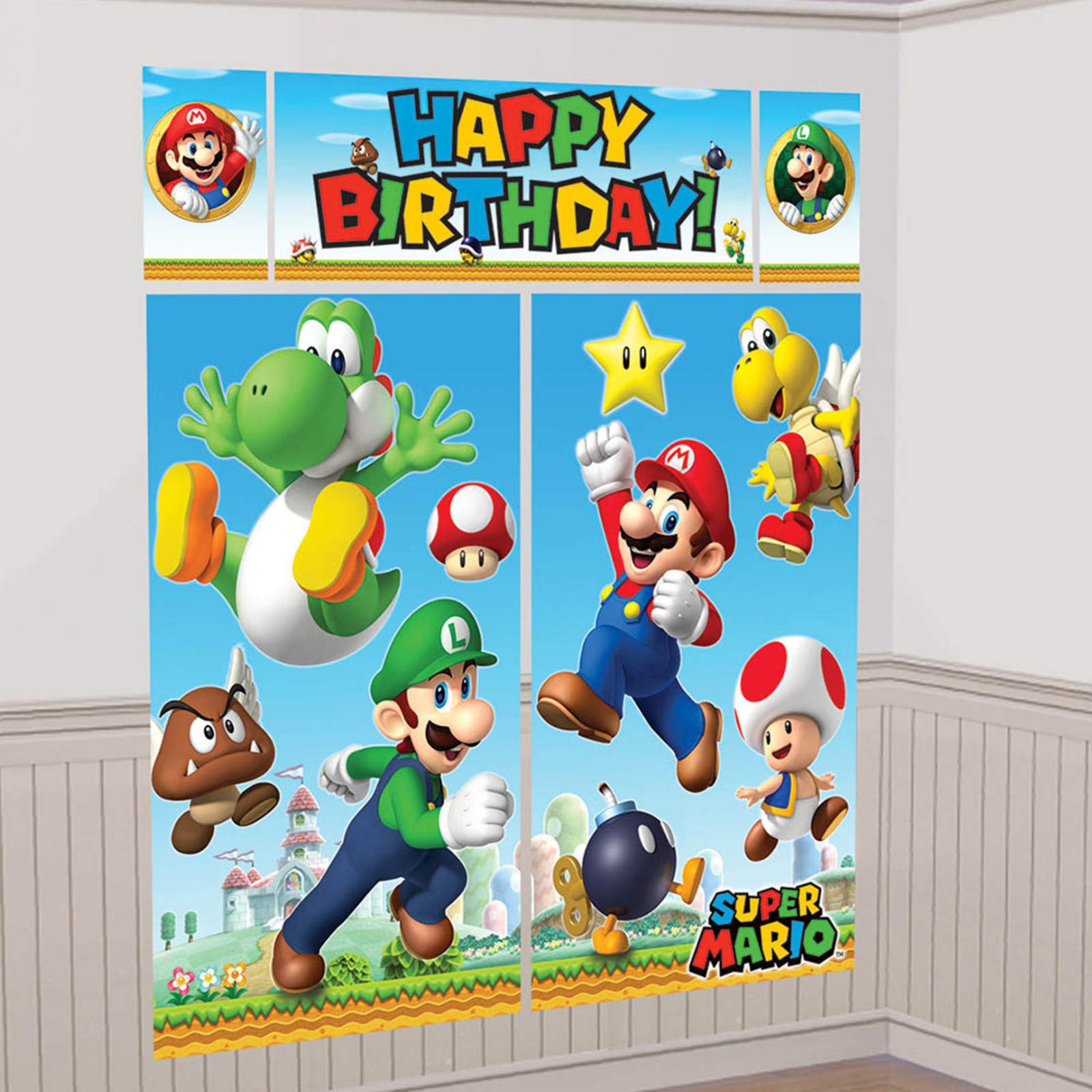 Super Mario Happy Birthday Giant Scene Setters Wall Decorating Kit Party Backdrop, 5 Pieces, Made From Vinyl, Multicolor, 59' X 65' By Amscan
