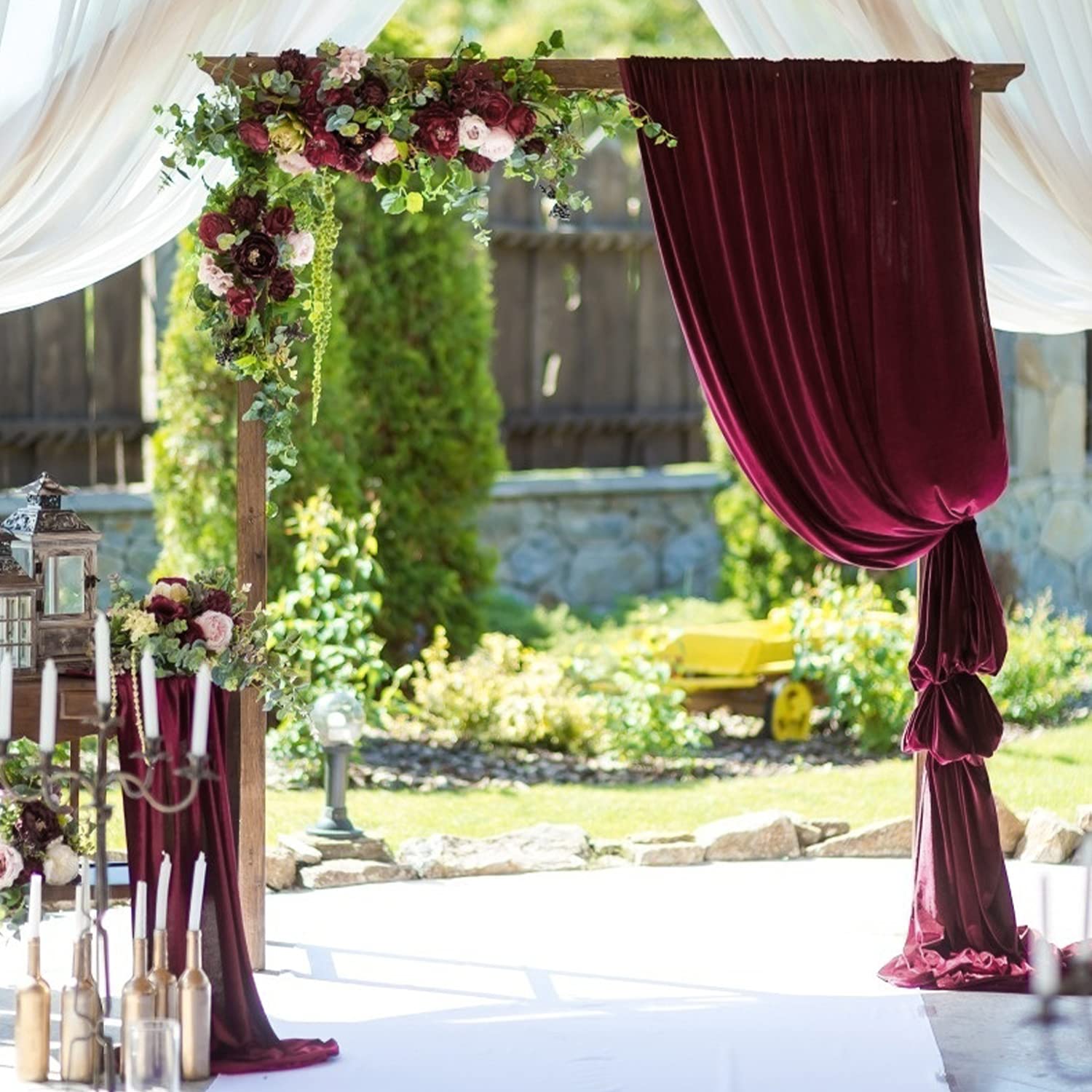 Wedding Arch Draping Fabric, 2 Panels Burgundy Sheer Backdrop Curtain Tulle Fabric Drapery For Arbor Wedding Archway Ceremony Pa