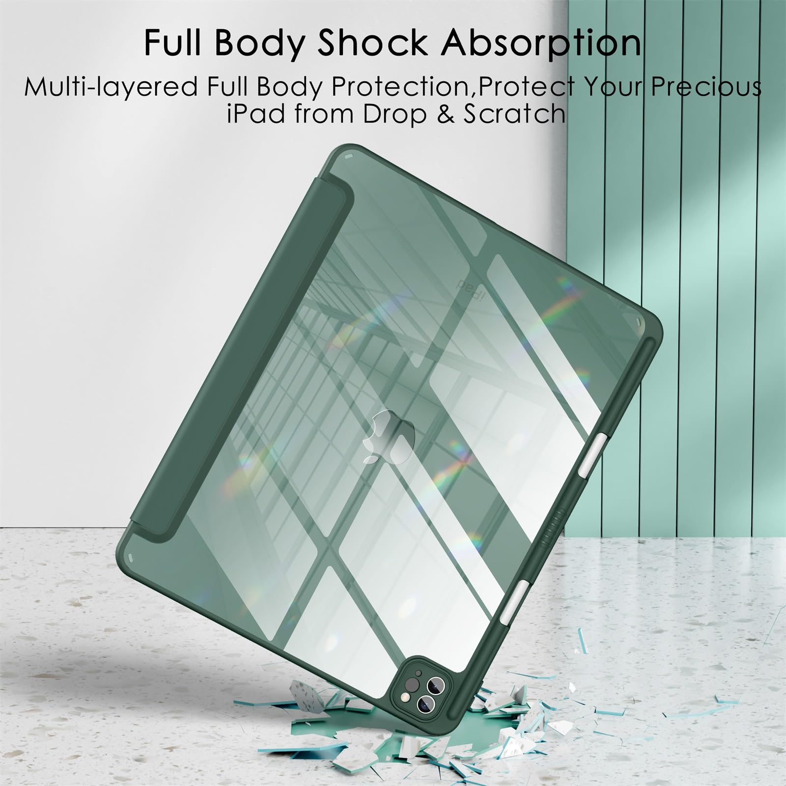 Soke Case For Ipad Air 13 M2 2024/Pro 12.9 (6Th/5Th/4Th Generation, 2022/2021/2020)   Pencil Holder+Auto Sleep/Wake+Camera Protection, Shockproof Back Cover For Ipad Pro 12.9 Inch,New Midnight Green