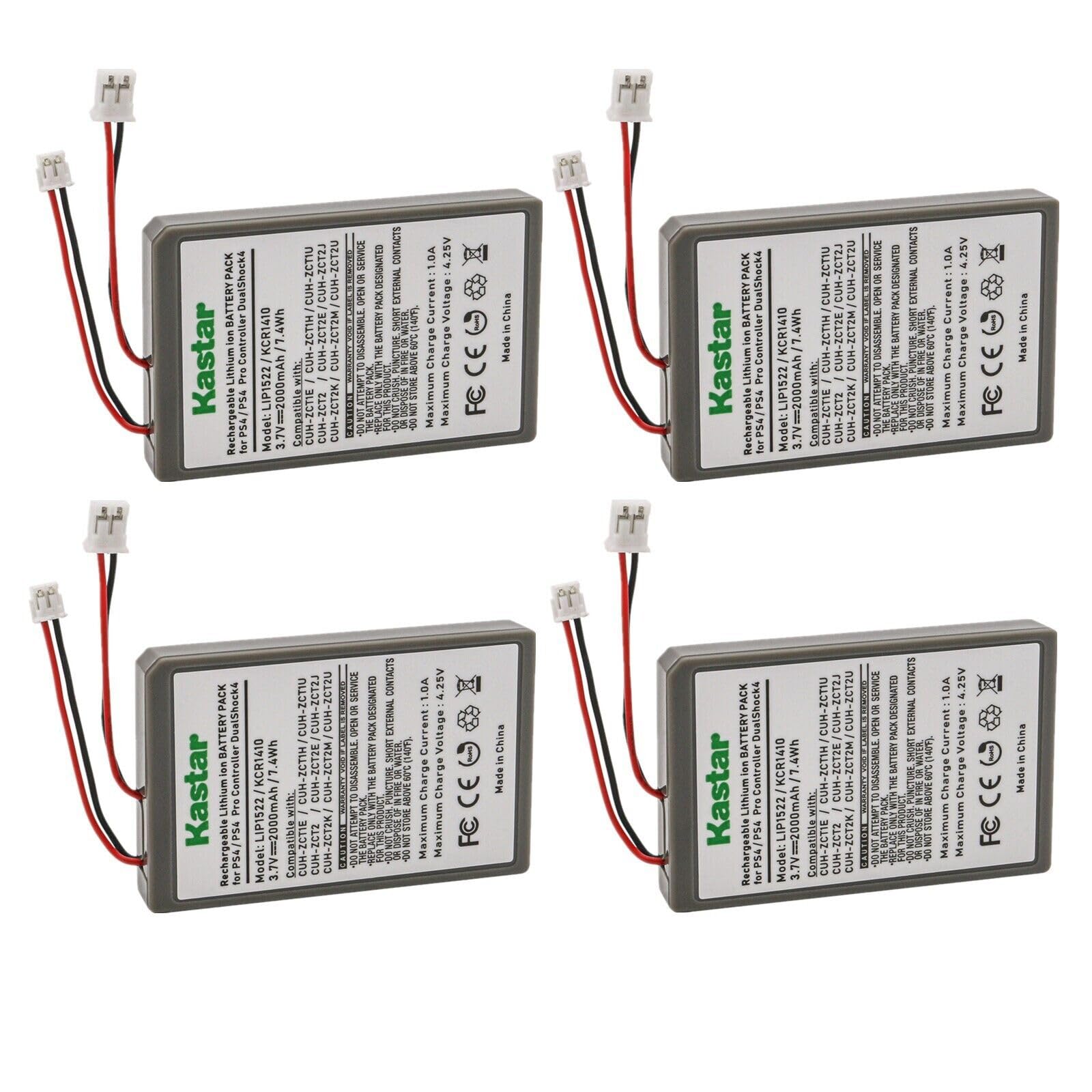 Kastar 4-Pack PS4 Battery Replacement for Sony LIP1522/KCR1410 Battery, Sony PlayStation CUH-ZCT1E CUH-ZCT1H CUH-ZCT1H/B CUH-ZCT