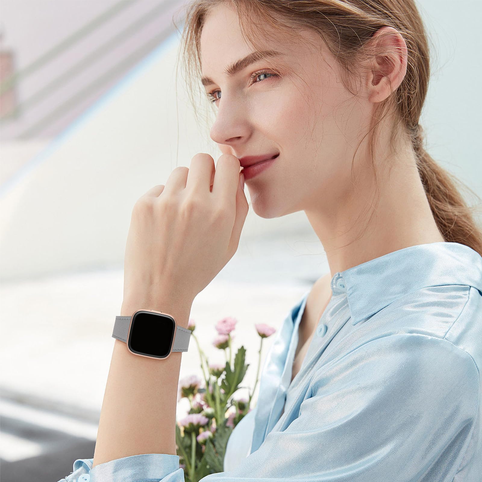 Wfeagl For Fitbit Versa Band, Top Grain Leather Band Replacement Strap For Fitbit Versa Fitness Smart Watch (Gray Band+Rrosegold