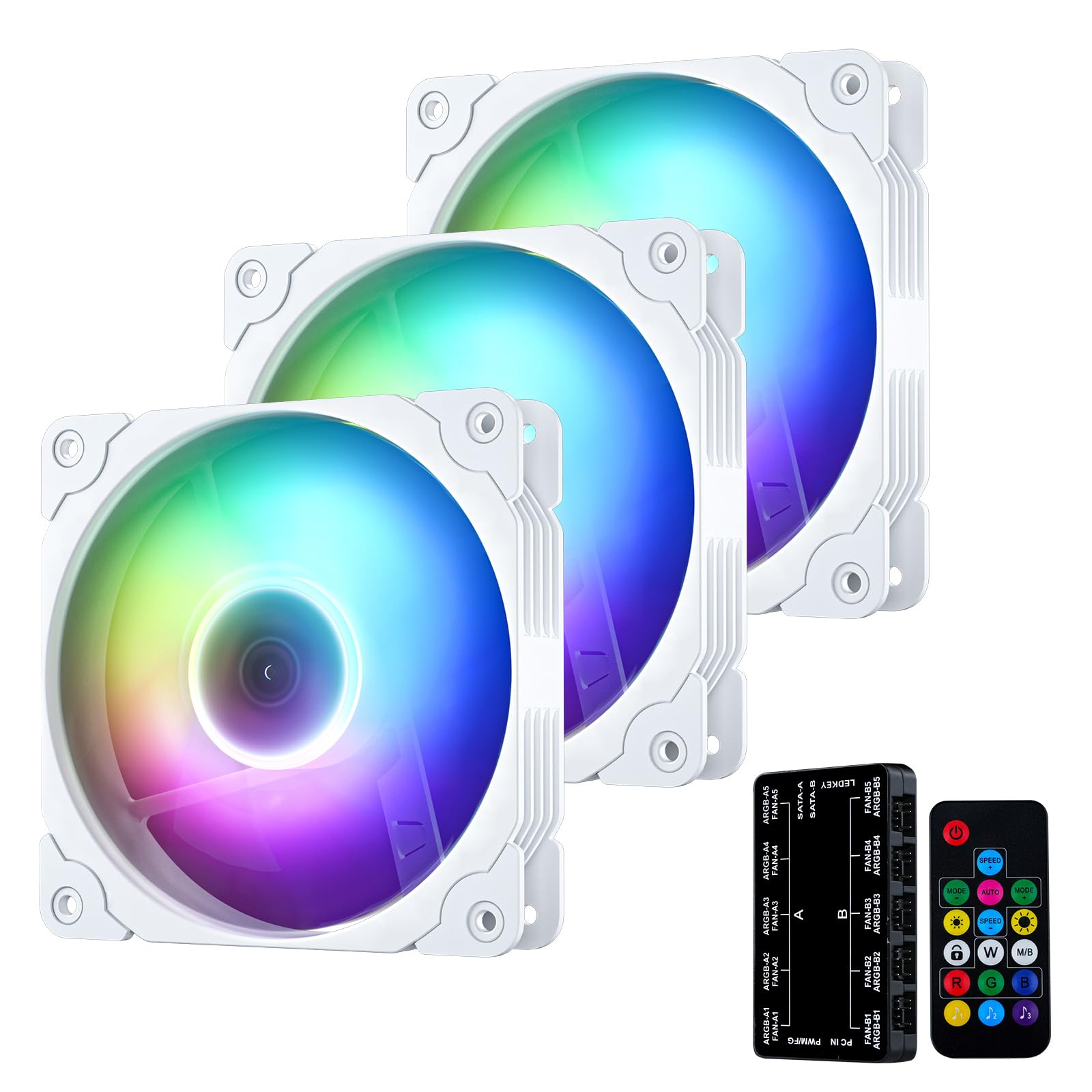 Vetroo 3 Pack Computer Case Fan 120Mm Address Rgb & Pwm Cooling Fans High Performance With Controller Hub   White