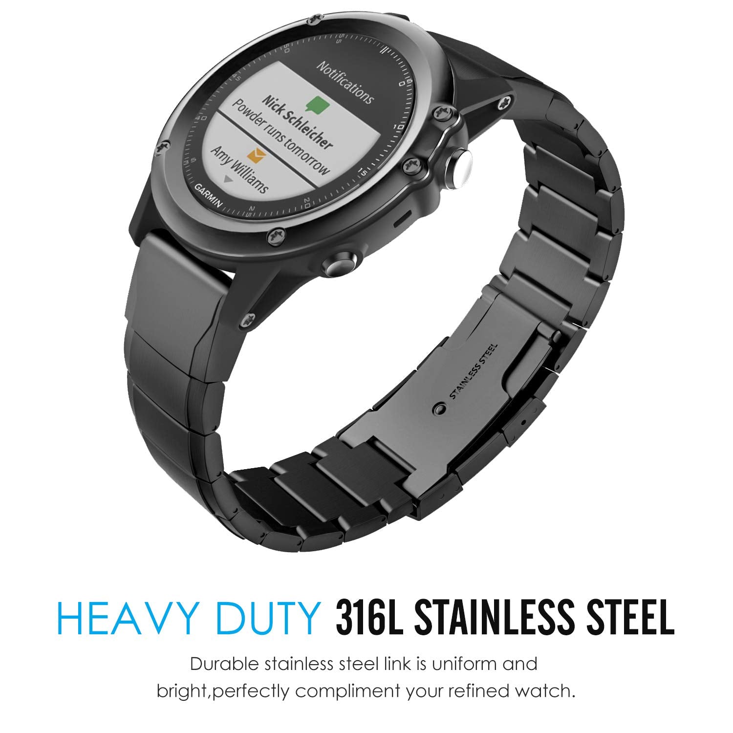 MoKo Quickfit 26 Watch Band Compatible with Garmin Fenix 3/Fenix 3 HR/Fenix 5X/Fenix 5X Plus/Fenix 6X/Fenix 6X Pro/Fenix 7X/Descent Mk1/Mk2/Mk2i/D2 Delta PX,Stainless Steel Replacement Strap, Black