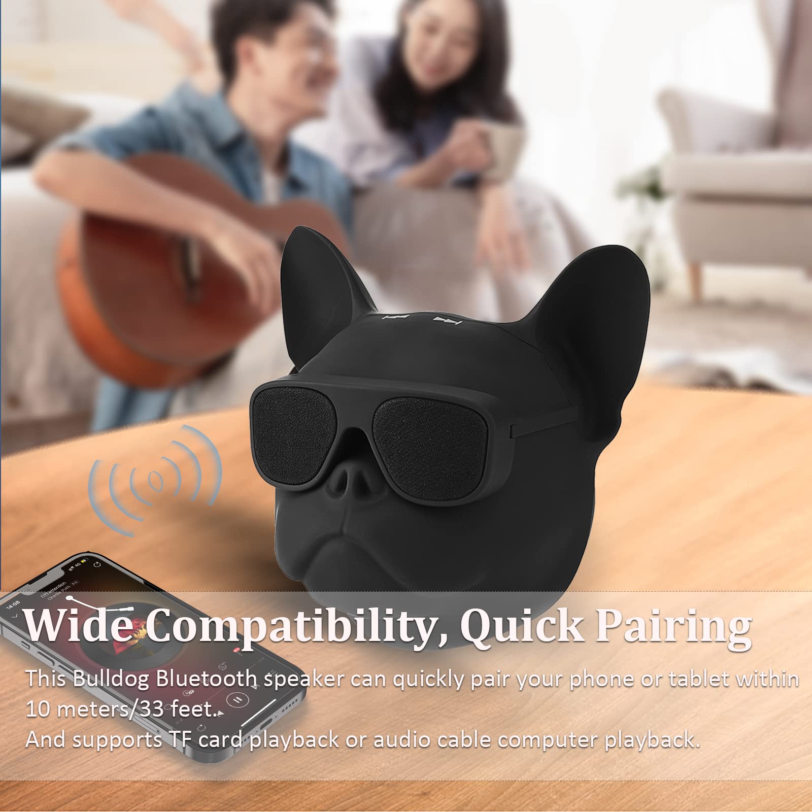 Portable Bluetooth Speaker, French Bulldog 10W Stereo Sound Music Player Bluetooth 4.1 Speaker With 32G Extension, Radio Function, Support Voice Command, Built In Battery