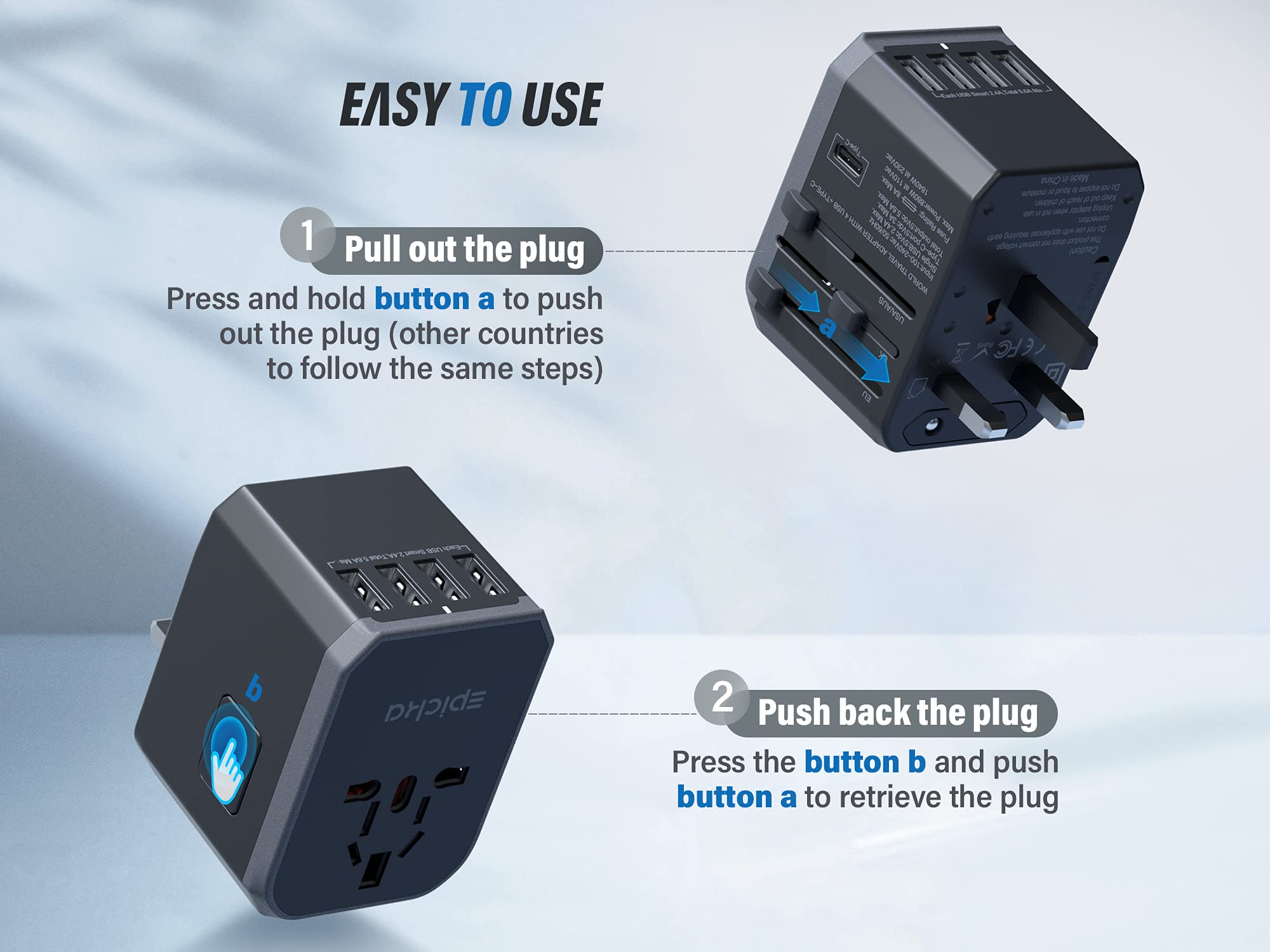 Epicka Universal Travel Adapter, All In One International Power Adapter Ac Plug Worldwide Charger Adaptor With Usb C And 4 Usb P
