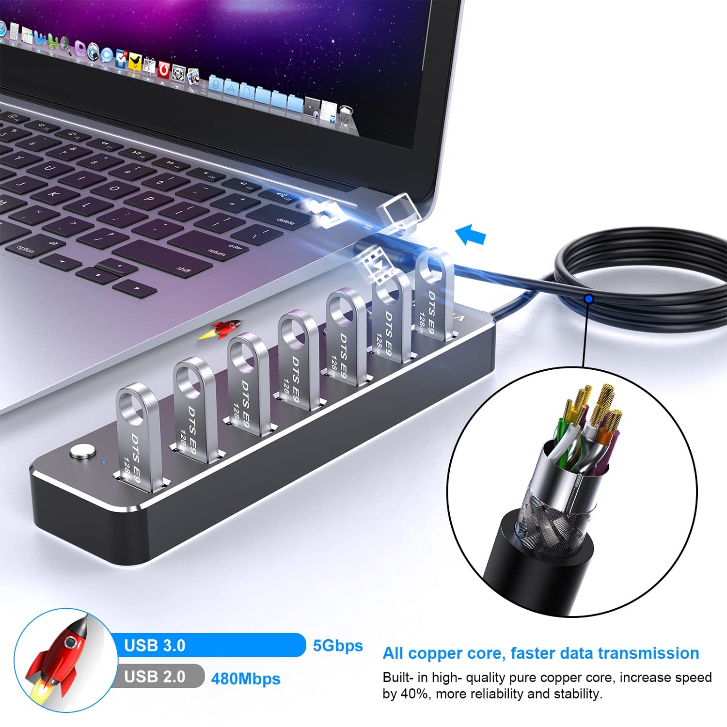 Usb Hub, Vkusra 7 Port Usb Hub 3.0 With 4Ft Usb Long Cable, And Aluminum Usb 3.0 Hub With Individual On/Off Switch And Led Indicator, Usb Splitter For Laptop & Pc, Power Adapter Not Included