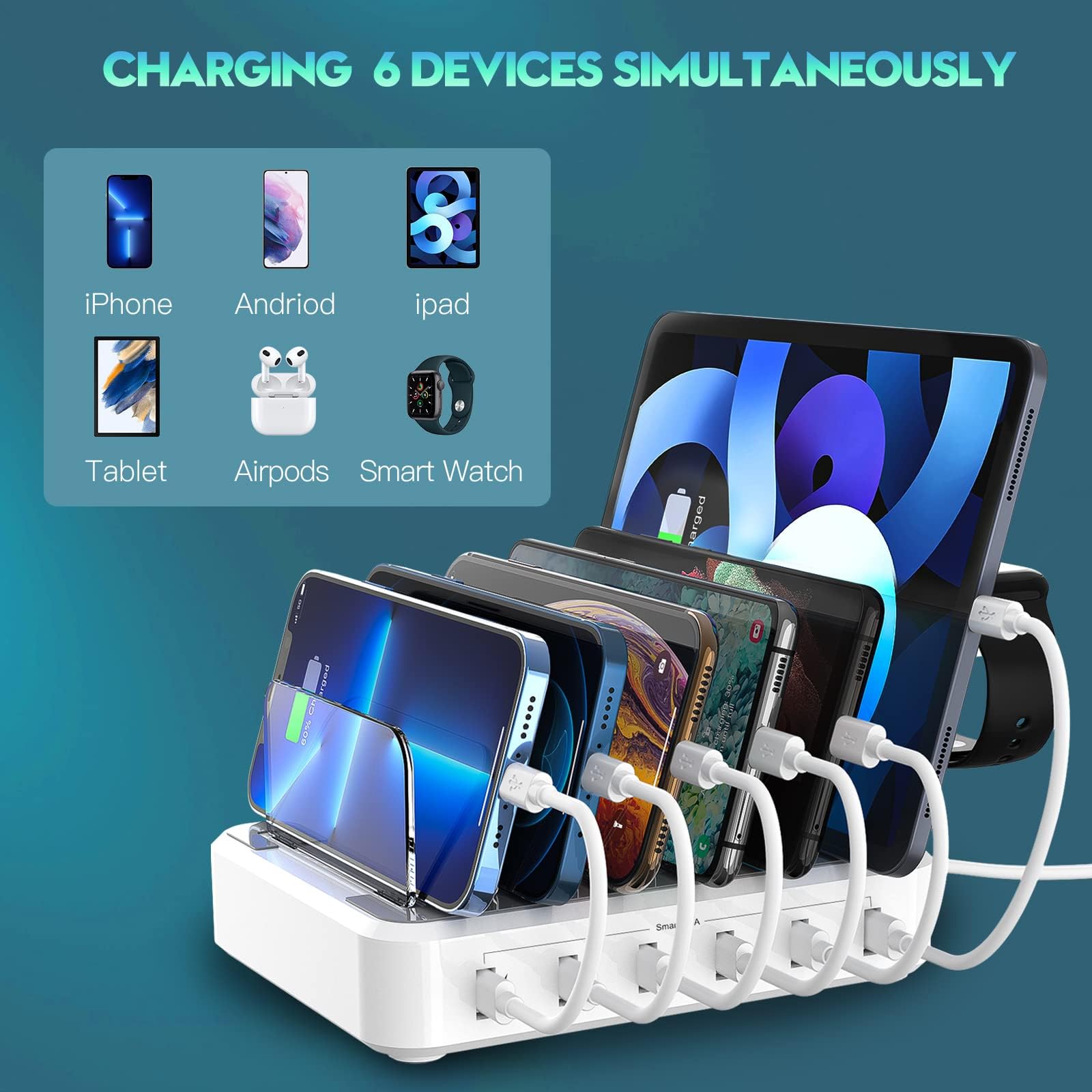 Charging Station For Multiple Devices,60W 6 Port Charger Station With 7 Mixed Charging Cables,Usb Charging Dock,Compatible With