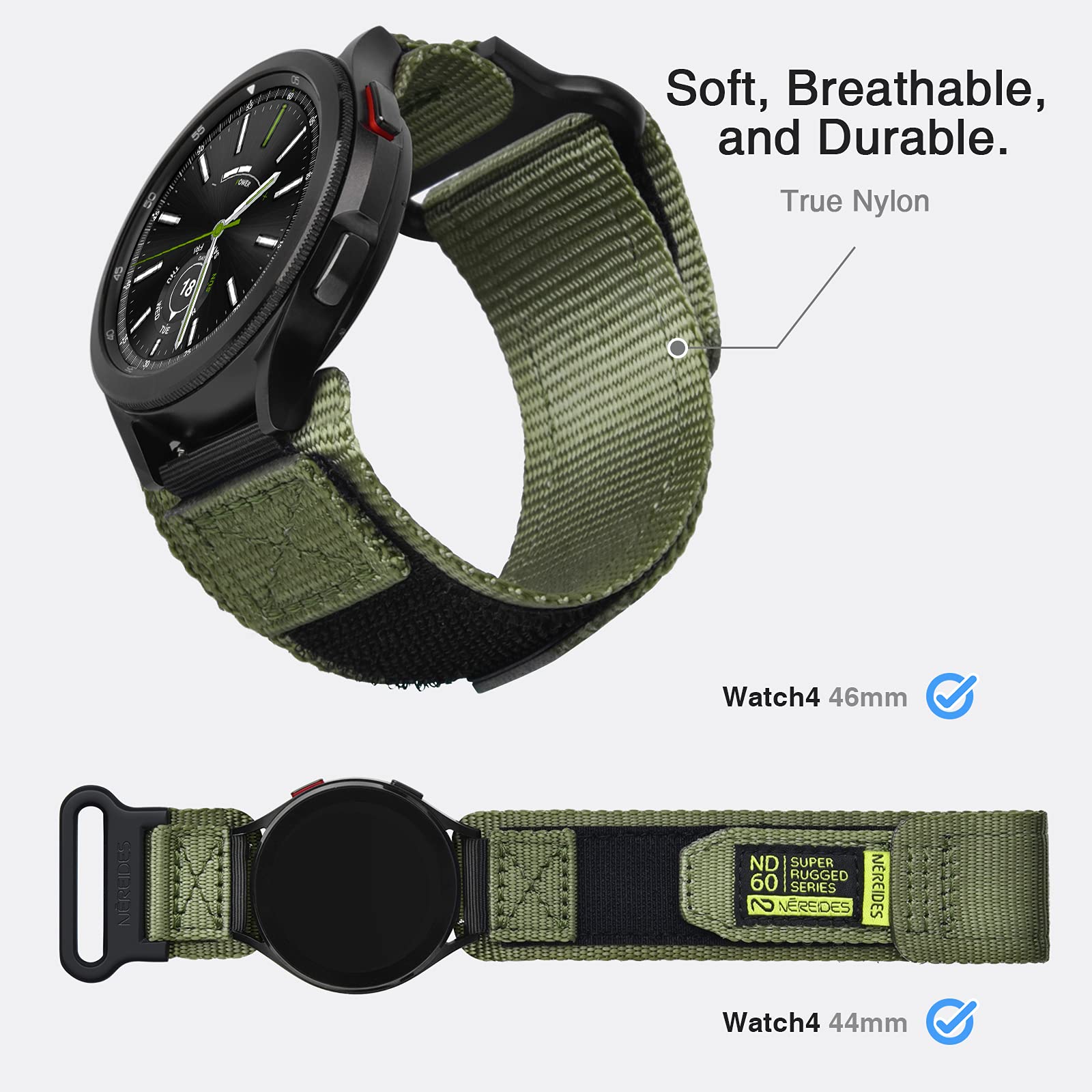 Nereides Band Compatible With Samsung Galaxy Watch 6 Classic 47Mm 43Mm/ 5 Pro 45Mm/ 6 5 4 44Mm 40Mm/ 4 Classic 46Mm 42Mm, 20Mm Rugged Nylon Woven Loop Sports Strap (L, Army Green)