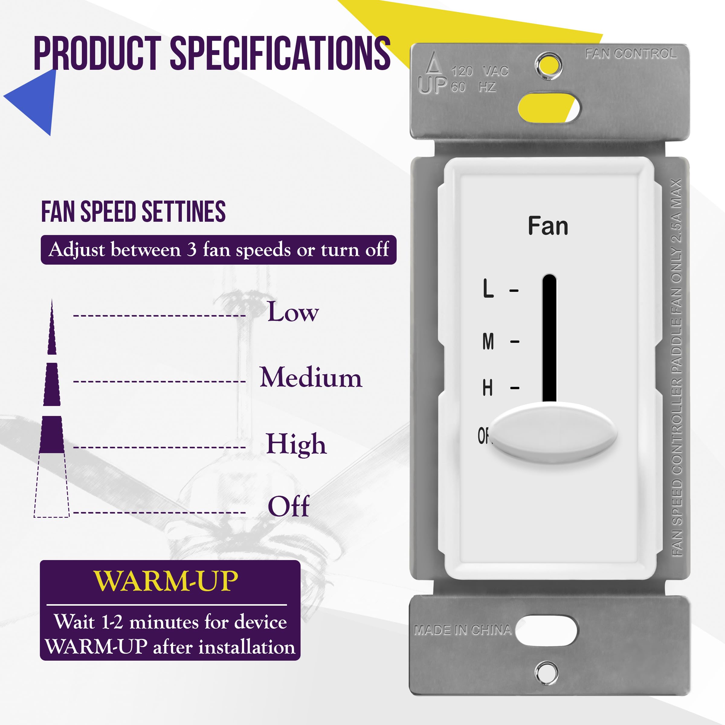 Enerlites 3 Speed In Wall Ceiling Fan Control, Slide Switch, 120Vac, 2.5A, Single Pole, No Neutral Wire Required, 17000 F3 W F,