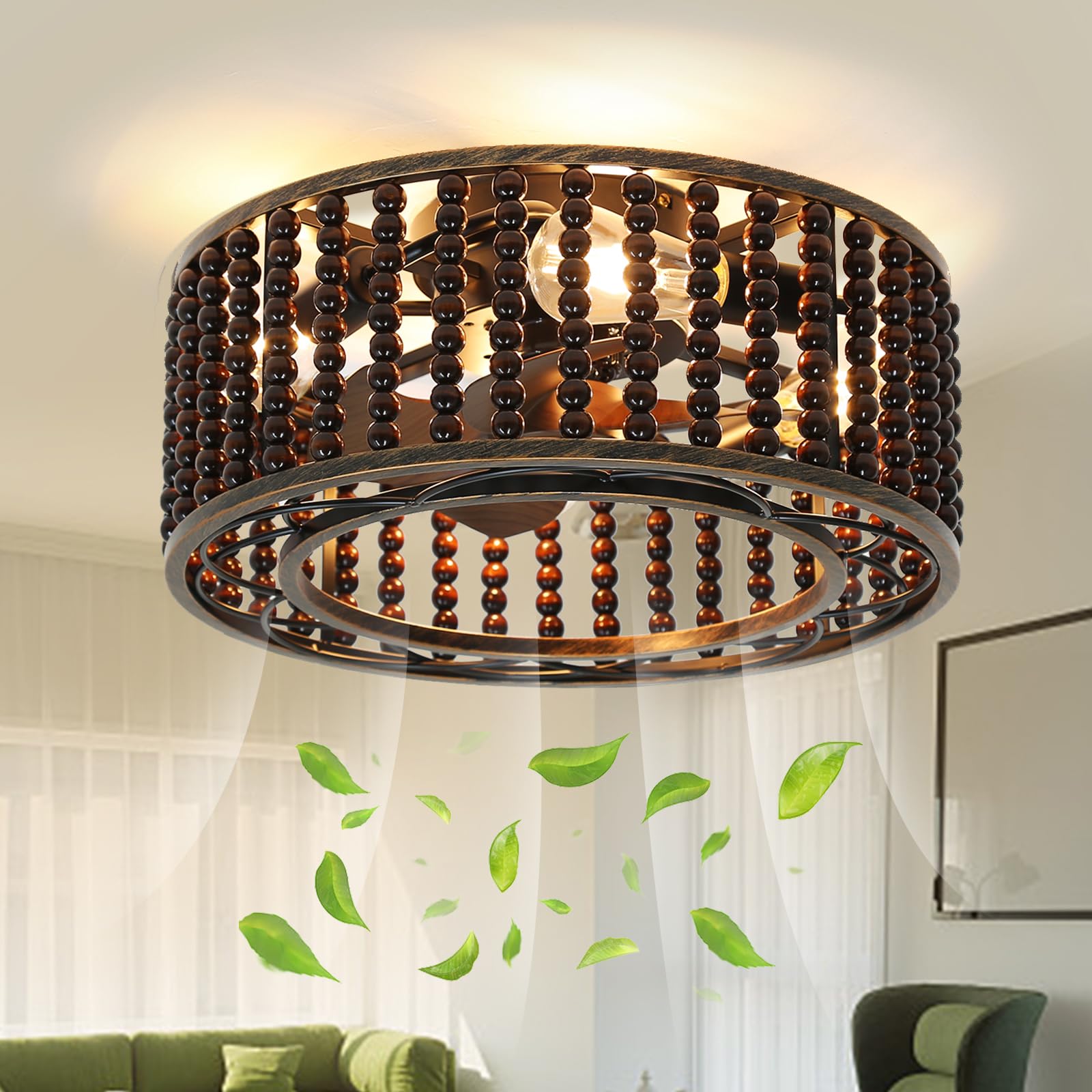 Beaded Ceiling Fan with Light and Remote Control, Boho Caged Ceiling Fan with Beads, Reversible DC Motor 6-Speed 18 Flush Mount 