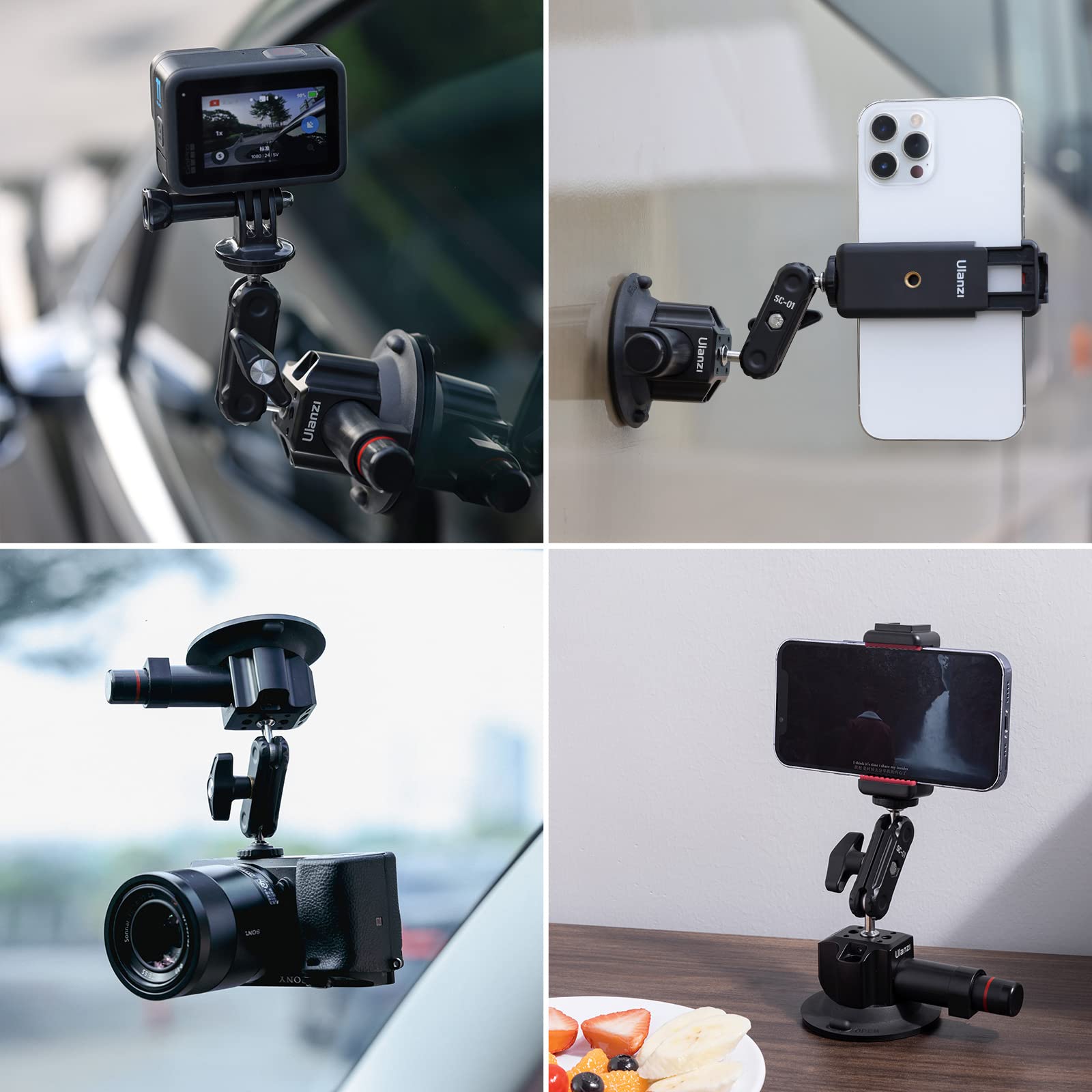 Uurig Sc-01 Suction Mount 3 For Vlogging Action Camera Car Mount W Smartphone Clamp For Iphone 14 13 Pro Max, 1/4 Magic Arm Adap