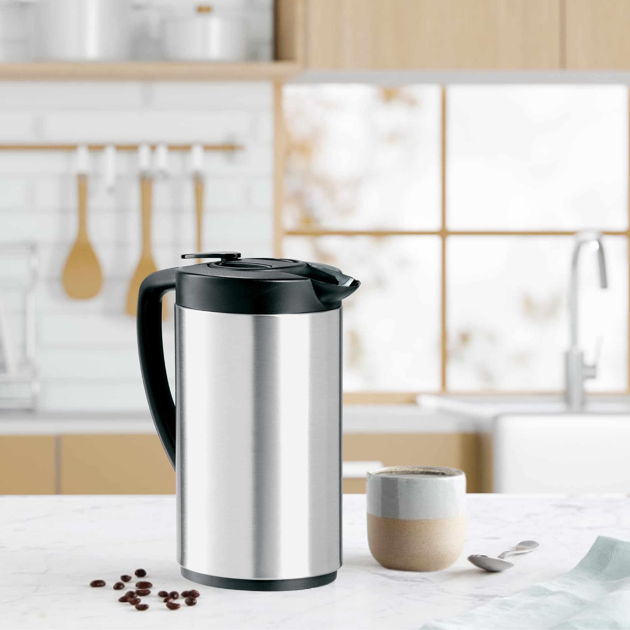 Oggi Oval Carafe Glass Liner   Stainless Steel Body, 1 Liter / 34Oz Capacity   Ideal Glass Vacuum Coffee Carafe And Tea Thermos,