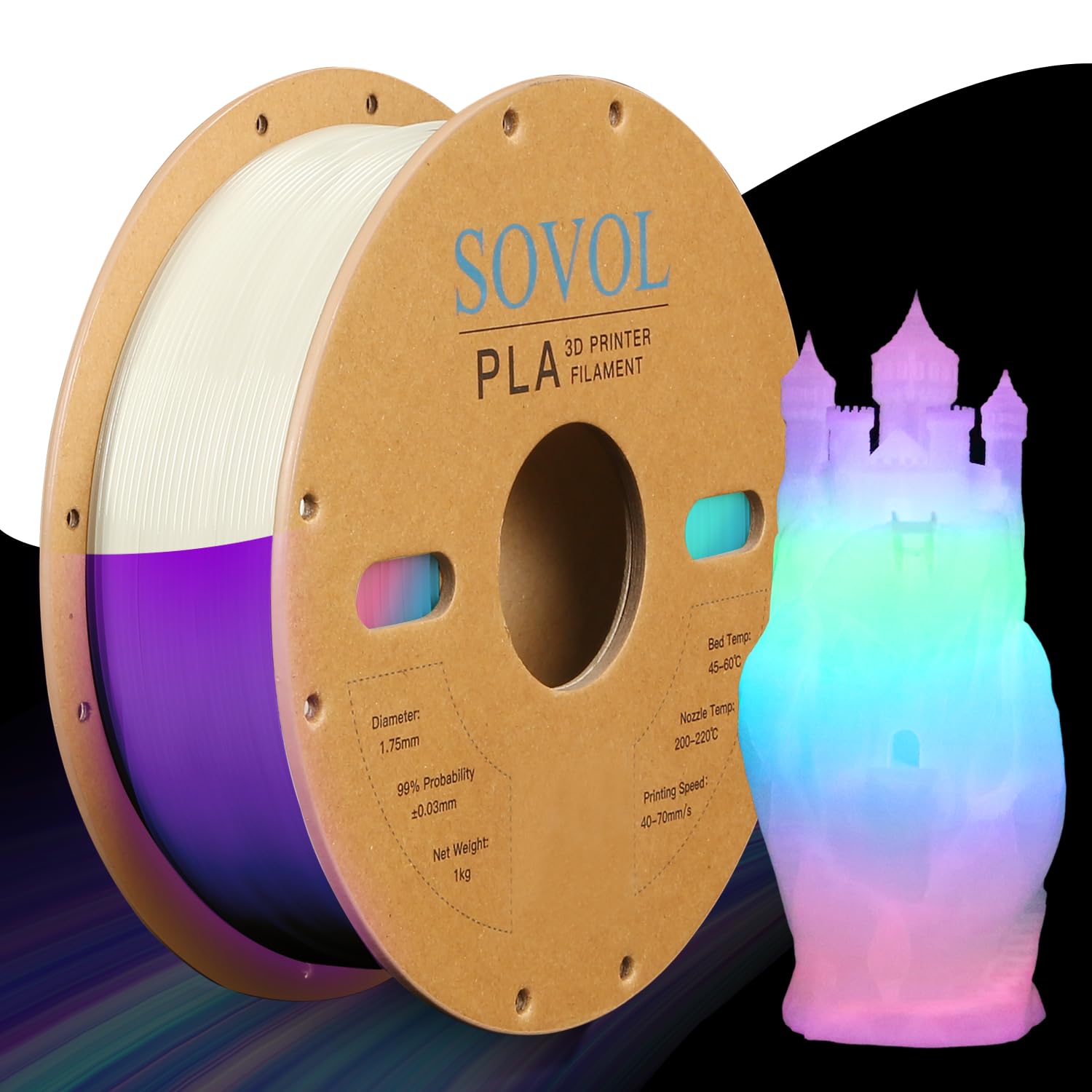 Sovol 3D Printer Glow In The Dark Filament Multicolor Fast Change Pla 1Kg (2.2 Lbs) Spool 3D Printing Materials, Dimensional Acc