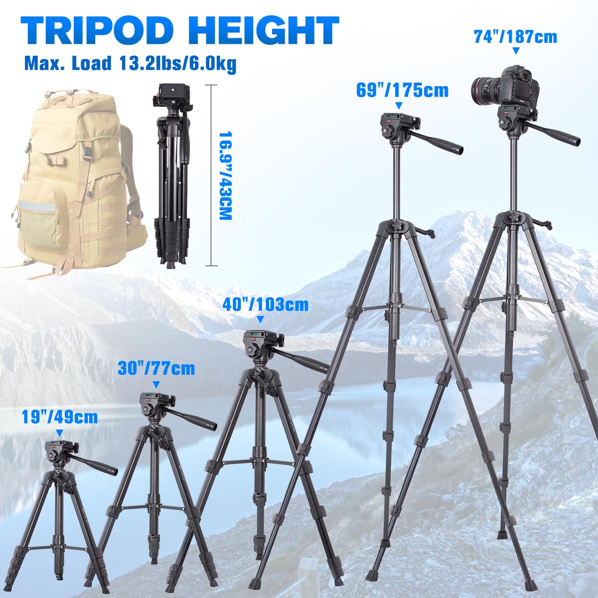 Camera Tripod, 74'' Dslr Camera Tripod With 2 Qr Plates For Sony/Nikon/Canon, Lightweight Video Tripod Stand For Travelling, Pho