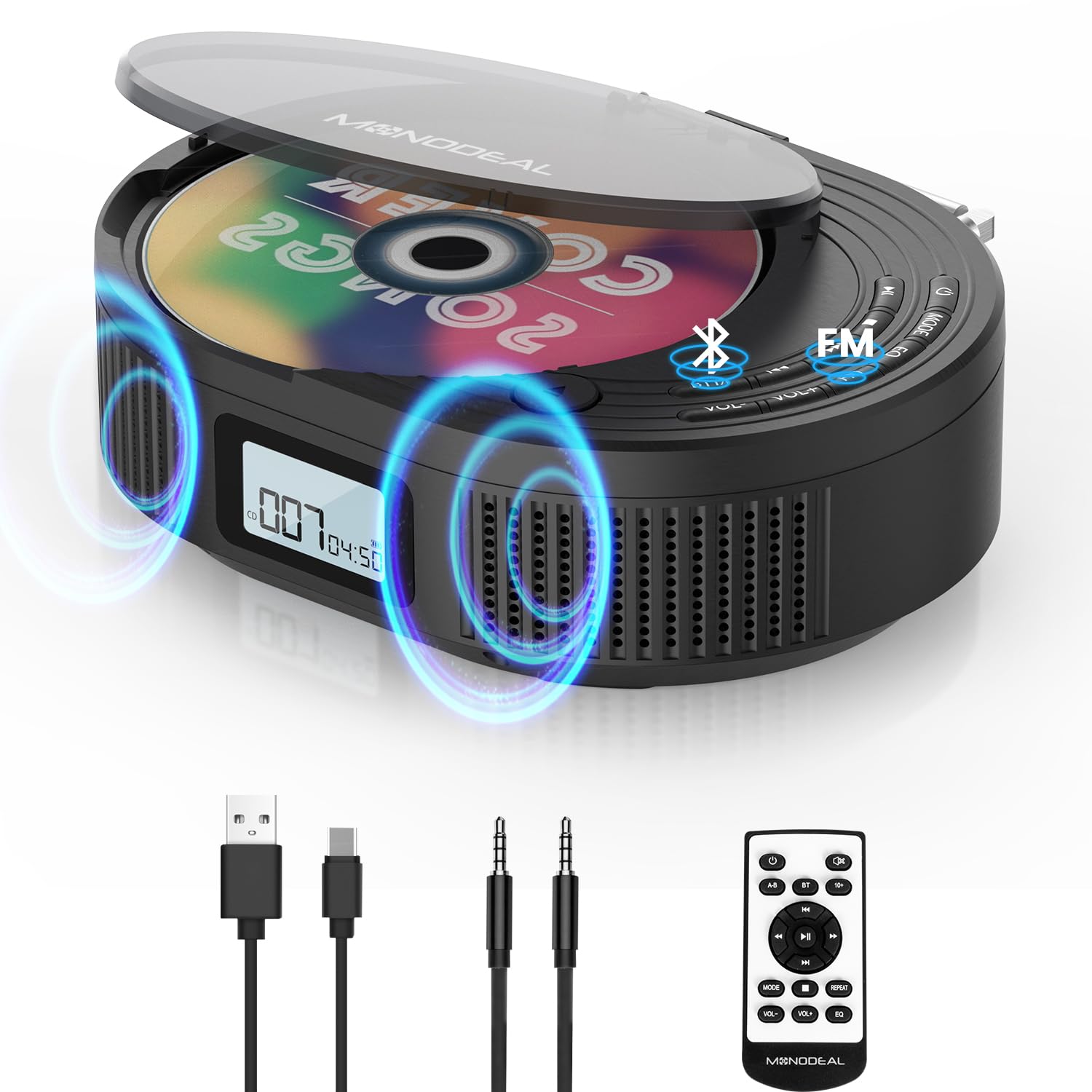 Monodeal Boombox Cd Player With Bluetooth Transmitter, Fm Radio & Bluetooth Speaker 2 In 1 Combo, Portable For Car/Home With Remote Control, Headphone Jack, Support Aux/Usb