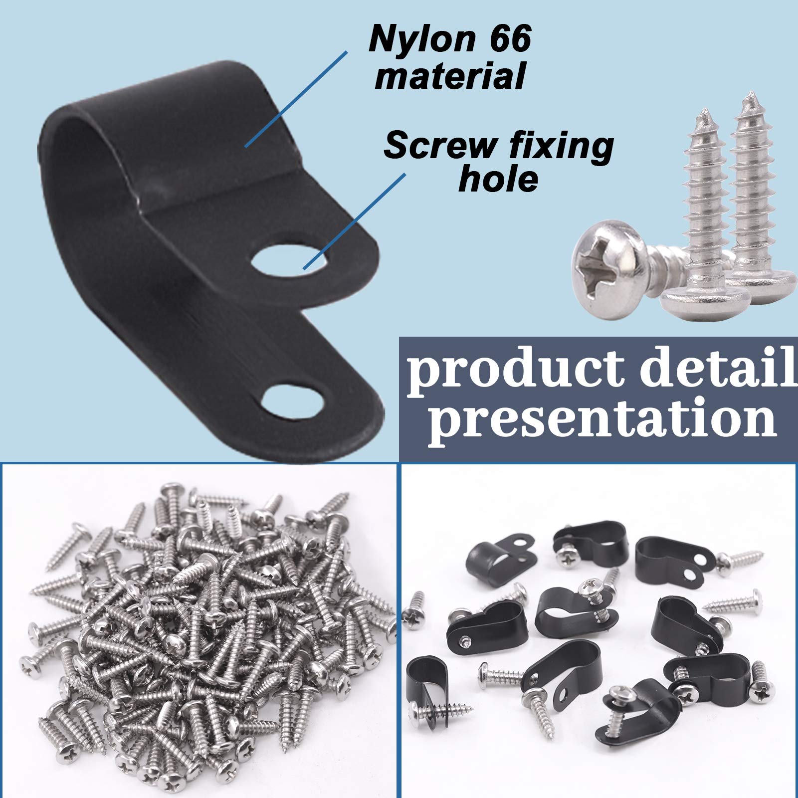 Glarks 120Pcs 3/8 Inch Black Nylon Screw Mounting R Type Cable Clip Wire Clamp With 120Pcs Screws For Wire, Cable, Conduit And C