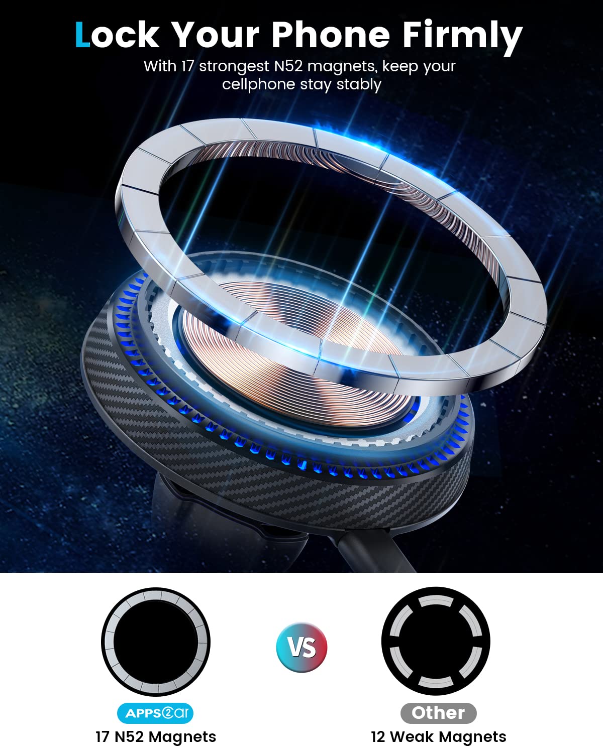 Apps2Car For Magsafe Car Mount Charger Tri-Pivot Magnetic Wireless Cup Holder Phone Mount For Car Truck With Cooling Fan Fast Ch