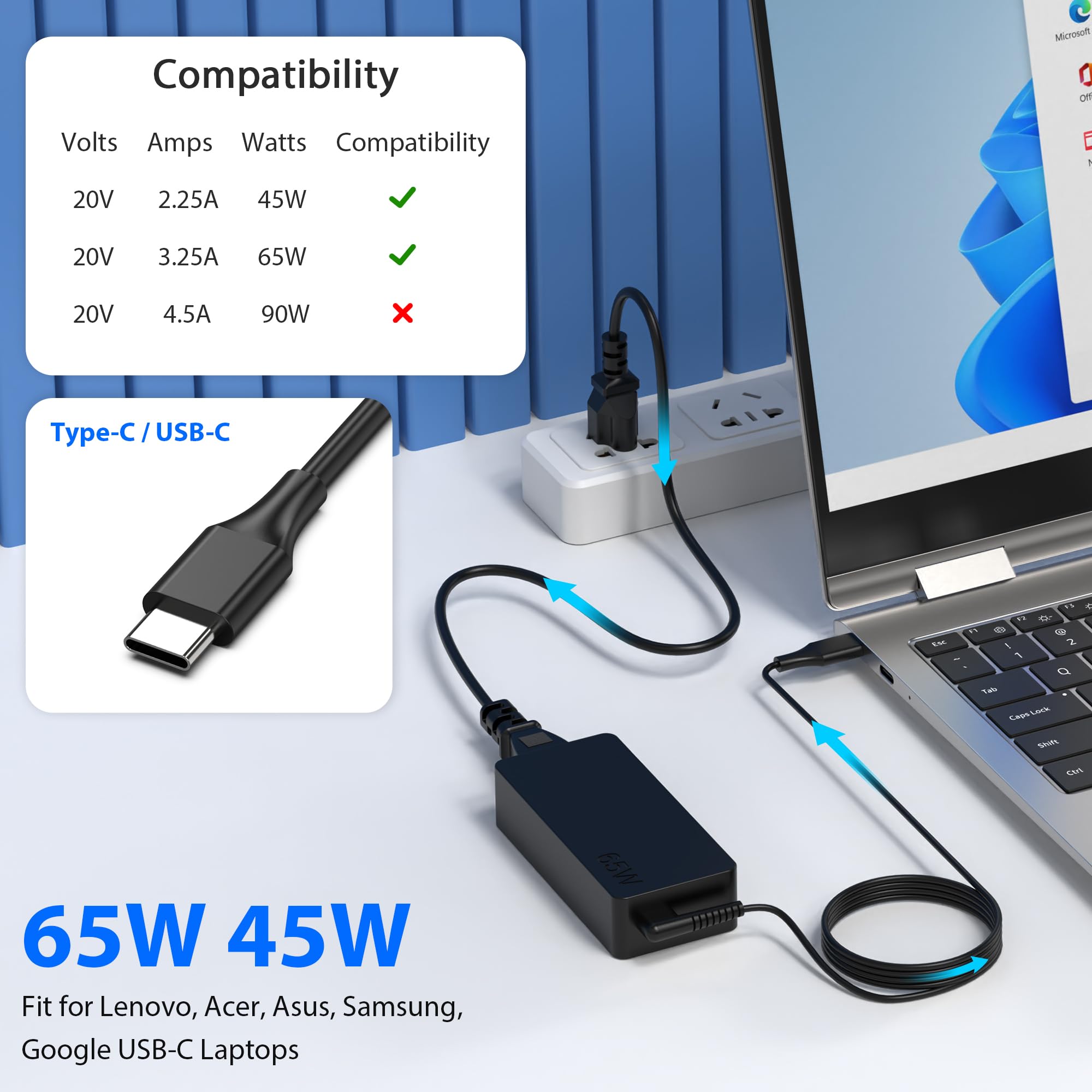 65W 45W Usb C Laptop Charger Fit For Lenovo Thinkpad Yoga Chromebook 65W Laptop Ac Adapter Power Supply Cord