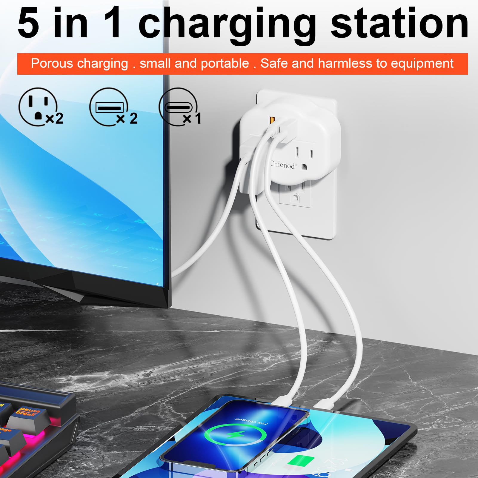 5 In 1 Wall Outlet Extender With Usb & Type C, Surge Protector, 2 Ac Outlets, 1050J Fireproof, Etl/Fcc Certified, Compact For Tr