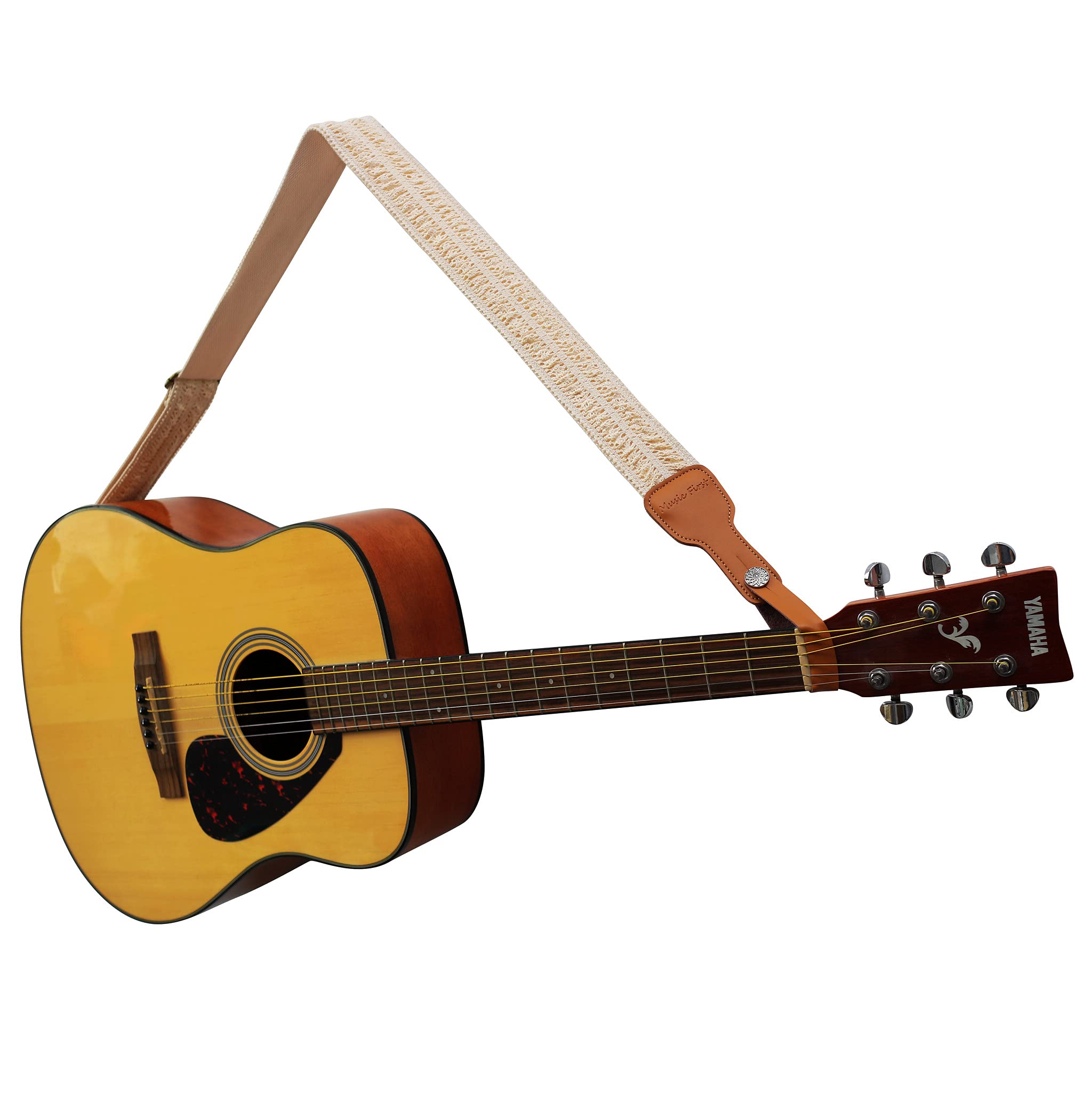 Music First Original Design, 2 Inch Width (5Cm), Cream Graceful & Vintage''Lace'' Soft Lace & Genuine Leather Delux Guitar Strap
