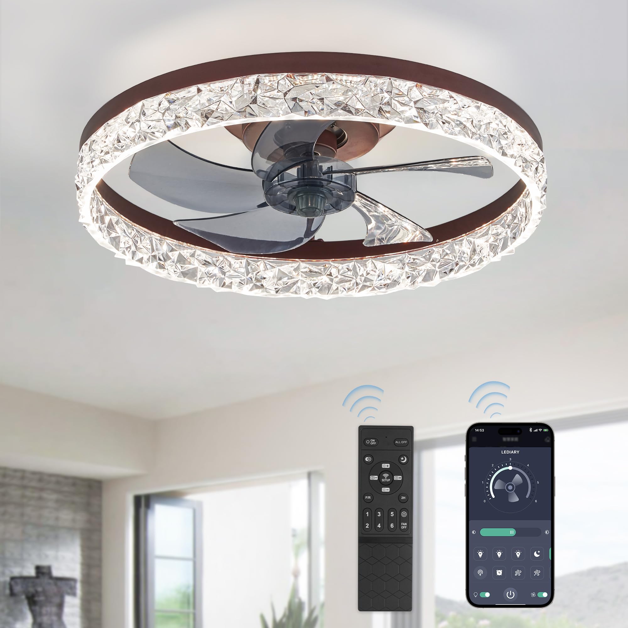 LEDIARY 20 Modern Ceiling Fans with Lights and Remote, Dimmable Low Profile Ceiling Fan, Flush Mount Ceiling Fan, Stepless Color