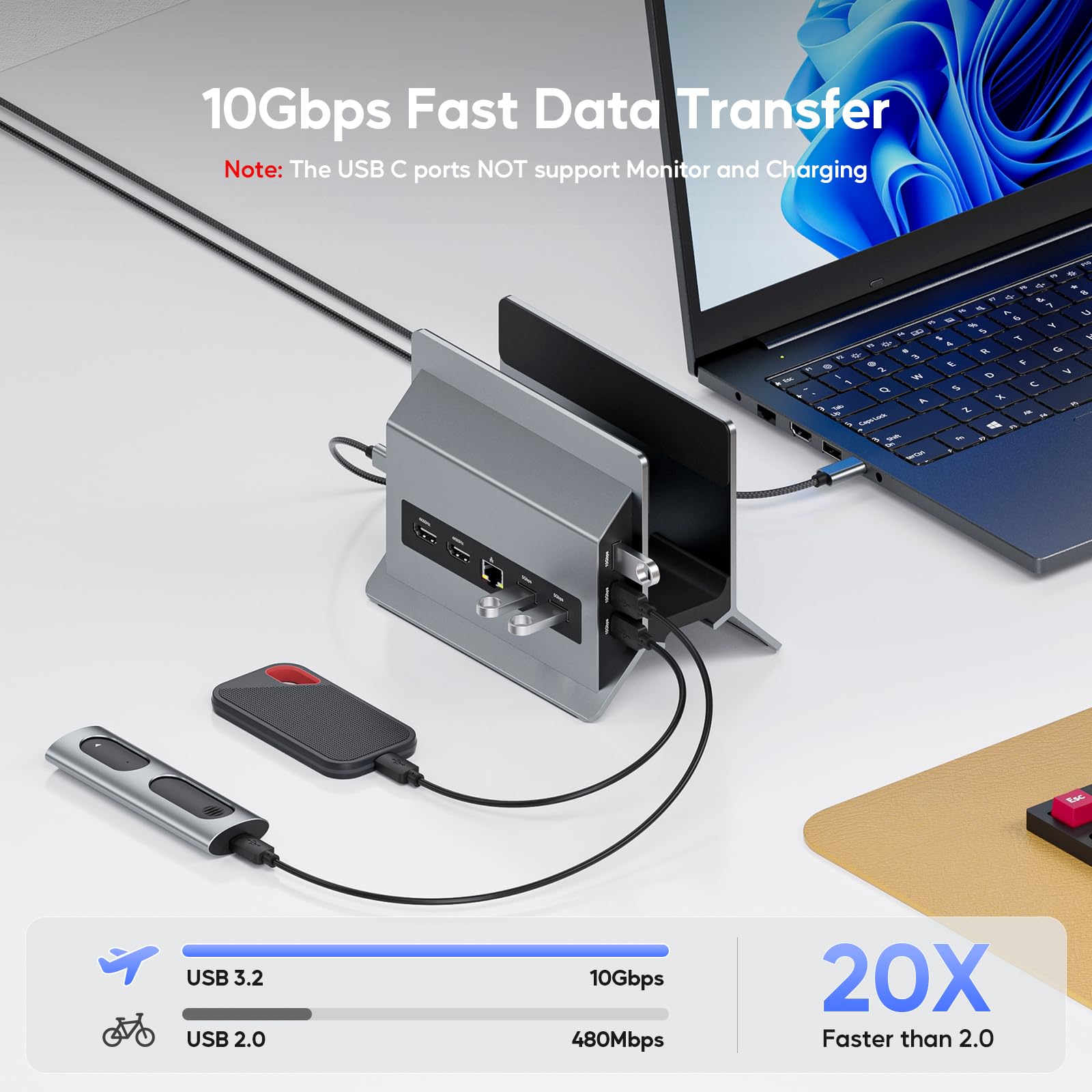 Pulwtop 11 In 1 Usb C Docking Station Dual Monitor, Vertical Laptop Dock Stand With 2 X Hdmi 4K 60Hz, 3 X Usb A/C 10Gbps, 2 X Us