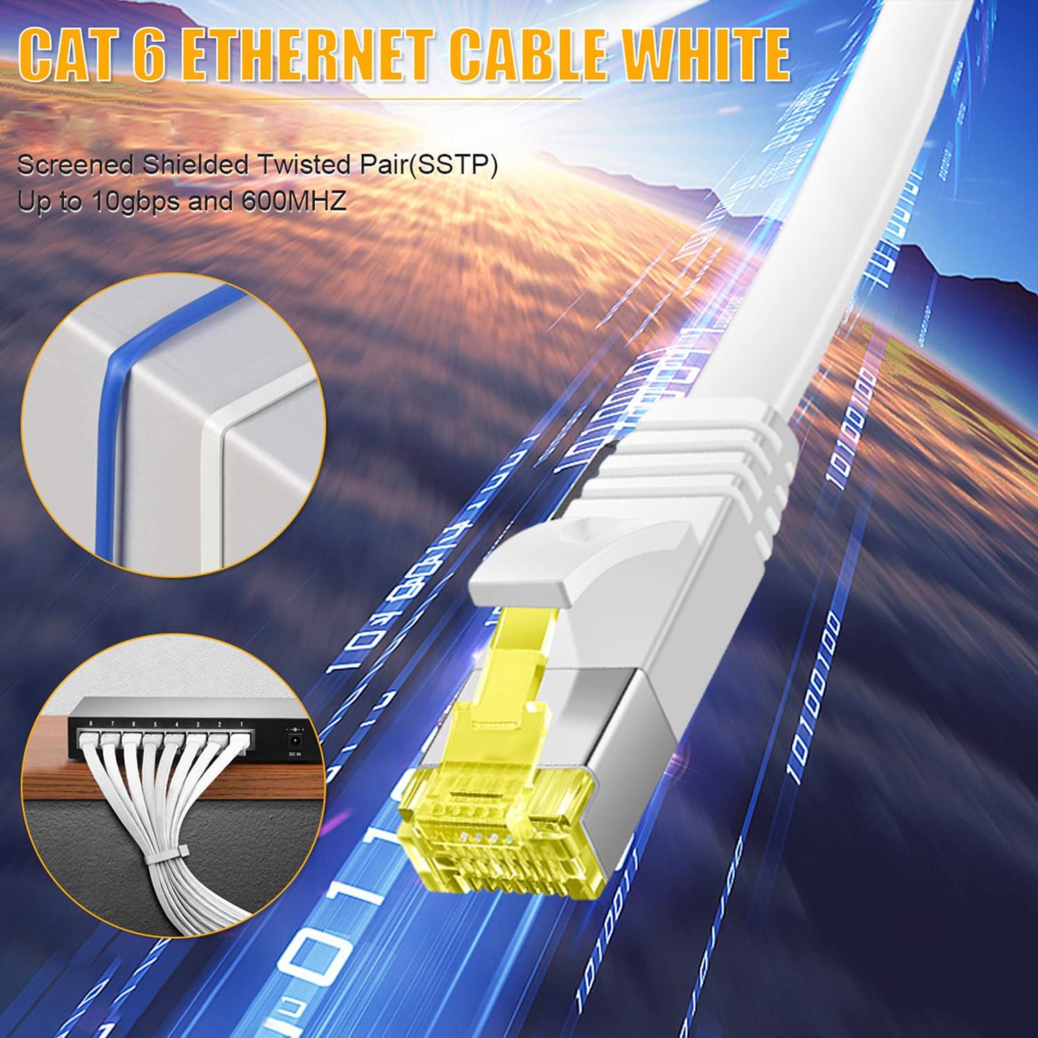 Aoforz Cat 6 Ethernet Cable 100 Ft,High Speed Flat White Cat 6 Internet Network Patch Cord,Long Ethernet Cable With Snagless Rj4