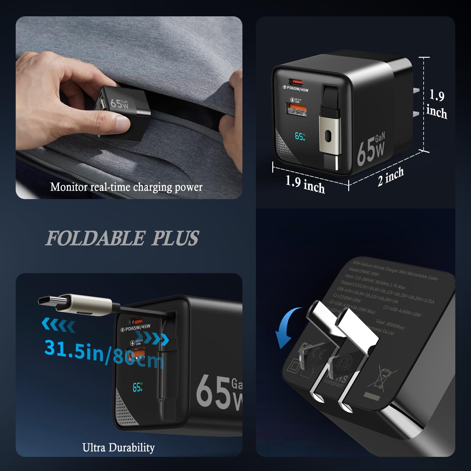 65W Usb C Charger, 3 In 1 Gan Retractable Wall Charger Plug Pd Pps Type C Cable And Dual Port, Travel Portable Fast Charging Blo