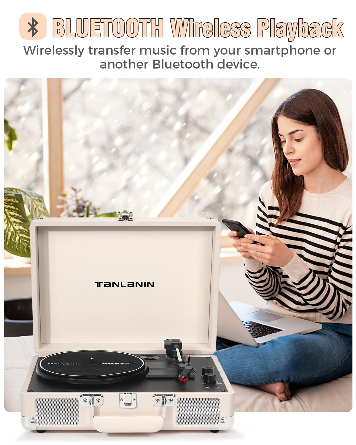 Vinyl Record Player   3 Speed Turntable Portable Suitcase Record Player With Bluetooth, Treble & Bass Control, Built In Speakers